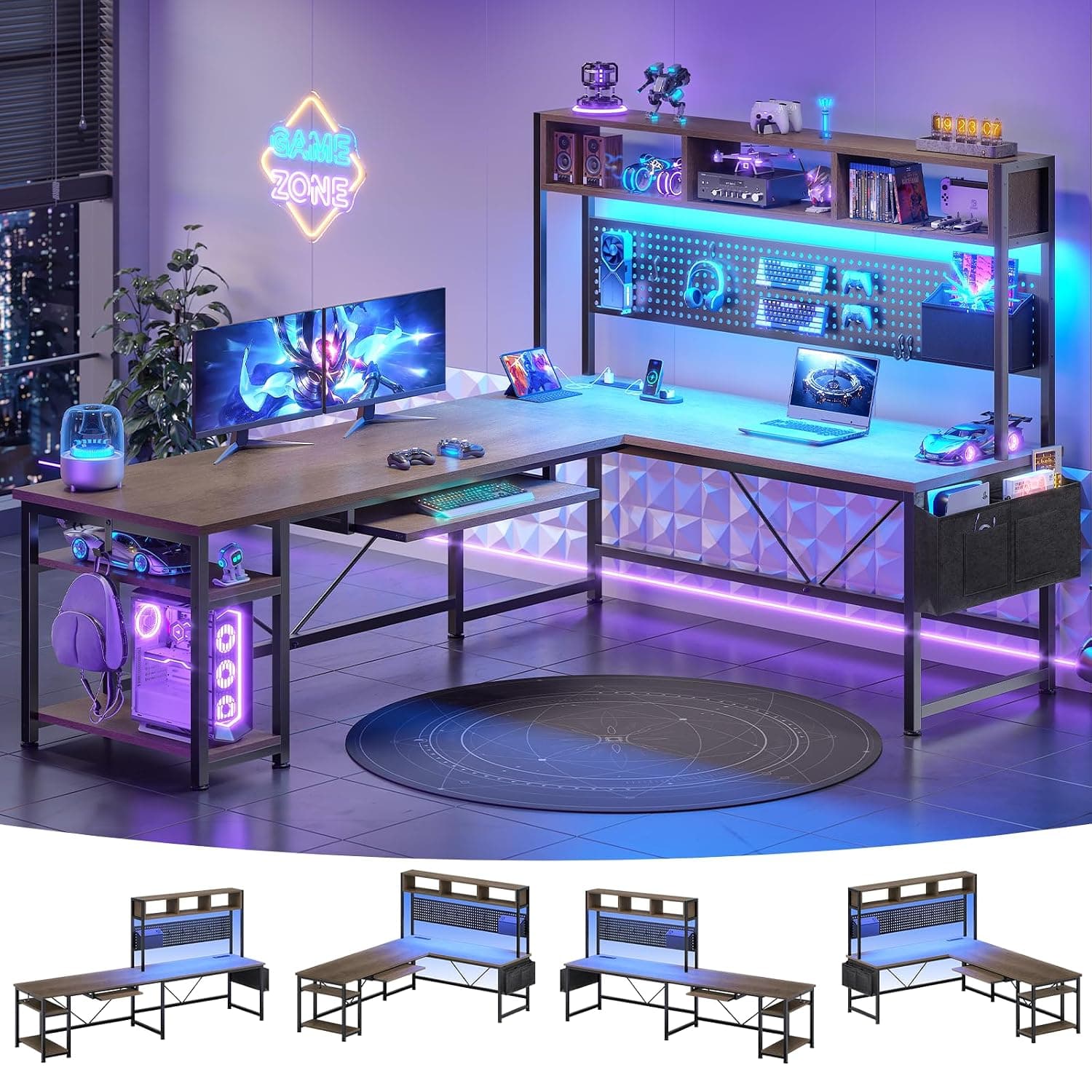 SEDETA L Shaped Gaming Desk with LED Lights and Pegboard for Home Office | Reversible 94.5" Computer Desk with Power Outlet, Keyboard Tray, Storage Shelves and Headphone Hook, Walnut Brown