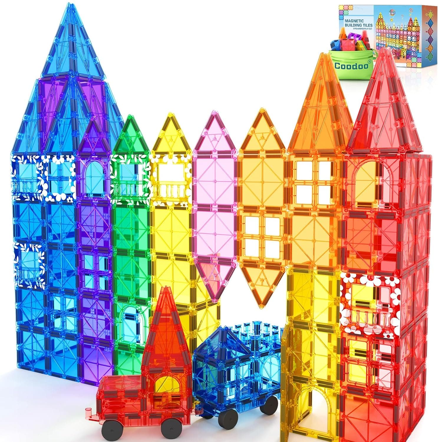 100PCS Magnetic Tiles STEM Building Toys Set with 2 Cars for Toddlers | Sensory Stacking Magnetic Blocks for Kids, For Preschool Montessori Toys , Christmas Birthday Gifts for Boys & Girls Ages 3+