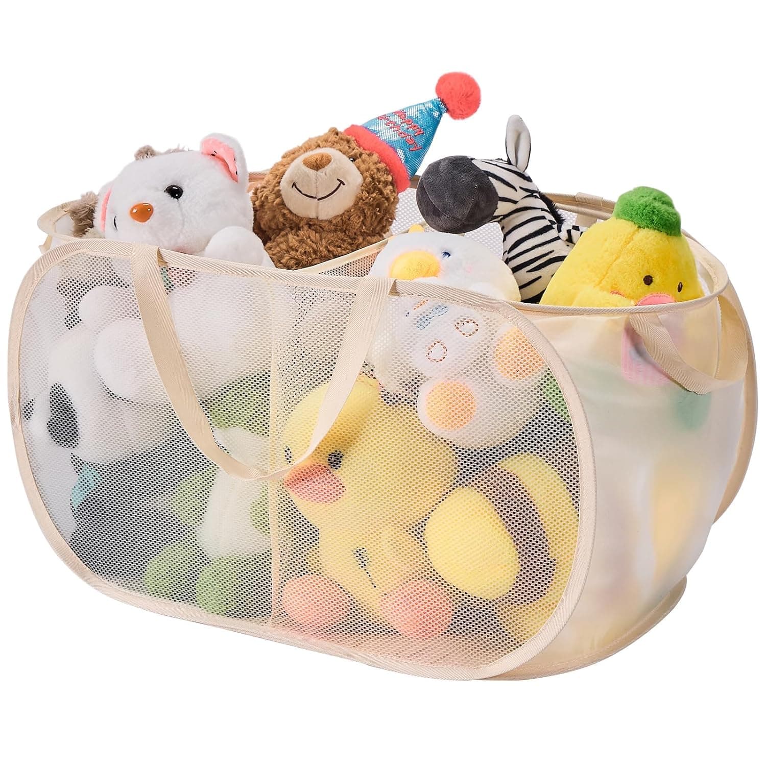 Large Foldable Toy Storage Bin with 2 Compartments and Sturdy Handles, Kids Toy Organizer Basket for Boys and Girls, Durable Toy Storage Container for Playroom, Bedroom, Living Room, Kids Room - Beige