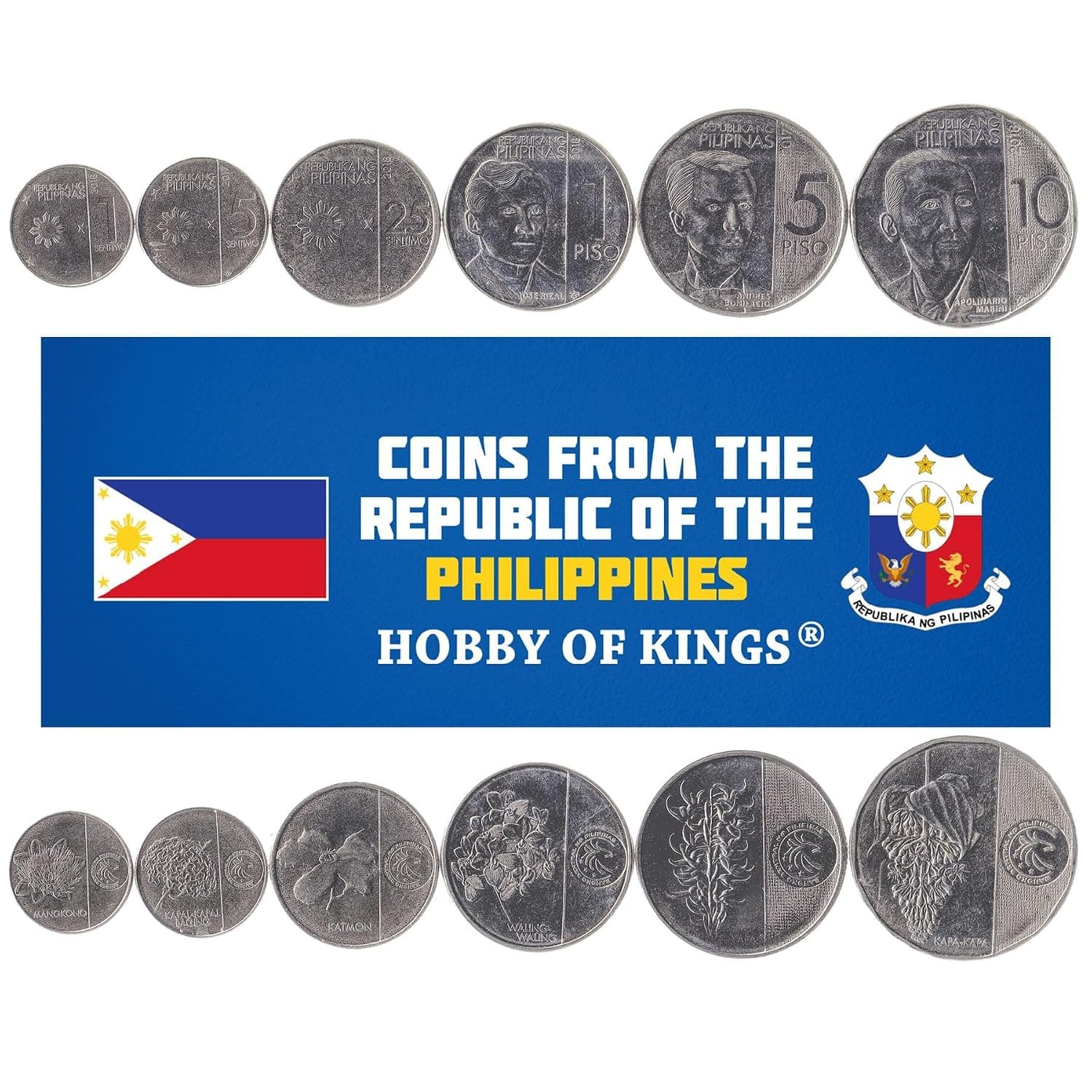 HOBBY OF KINGS 6 Coin Set from Philippines | 1 5 25 Sentimo 1 5 10 Piso Coin Set Collection | Exotic flowers | Famous figures | Circulated 2017-2020