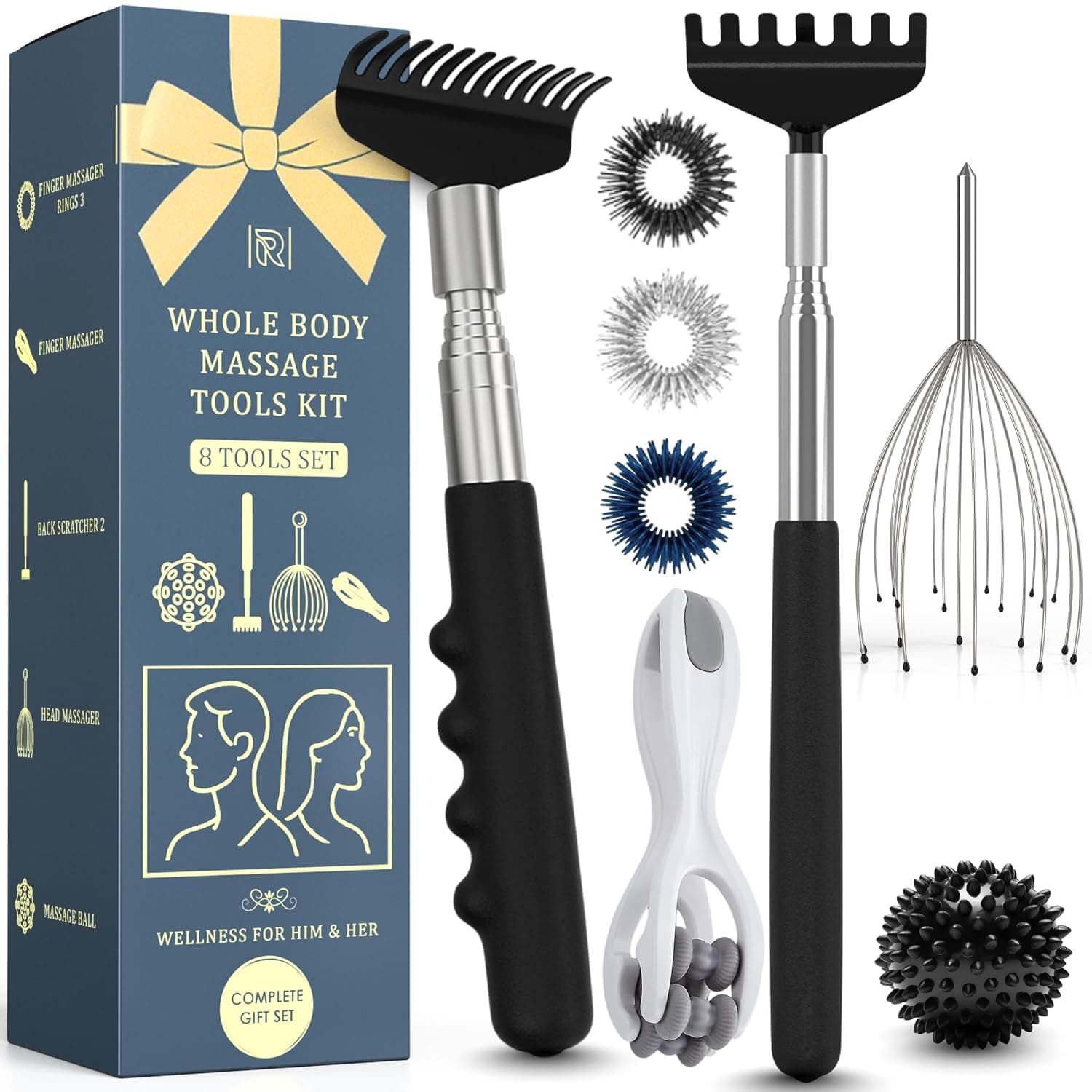 Telescopic Back Scratcher & Head Massager 8 Pcs Set – Valentines Gifts for him 2X Back Scratcher for Men & Women, Finger Massager, Massage Ball, 3 Massage Rings – Relaxation Gifts for Men