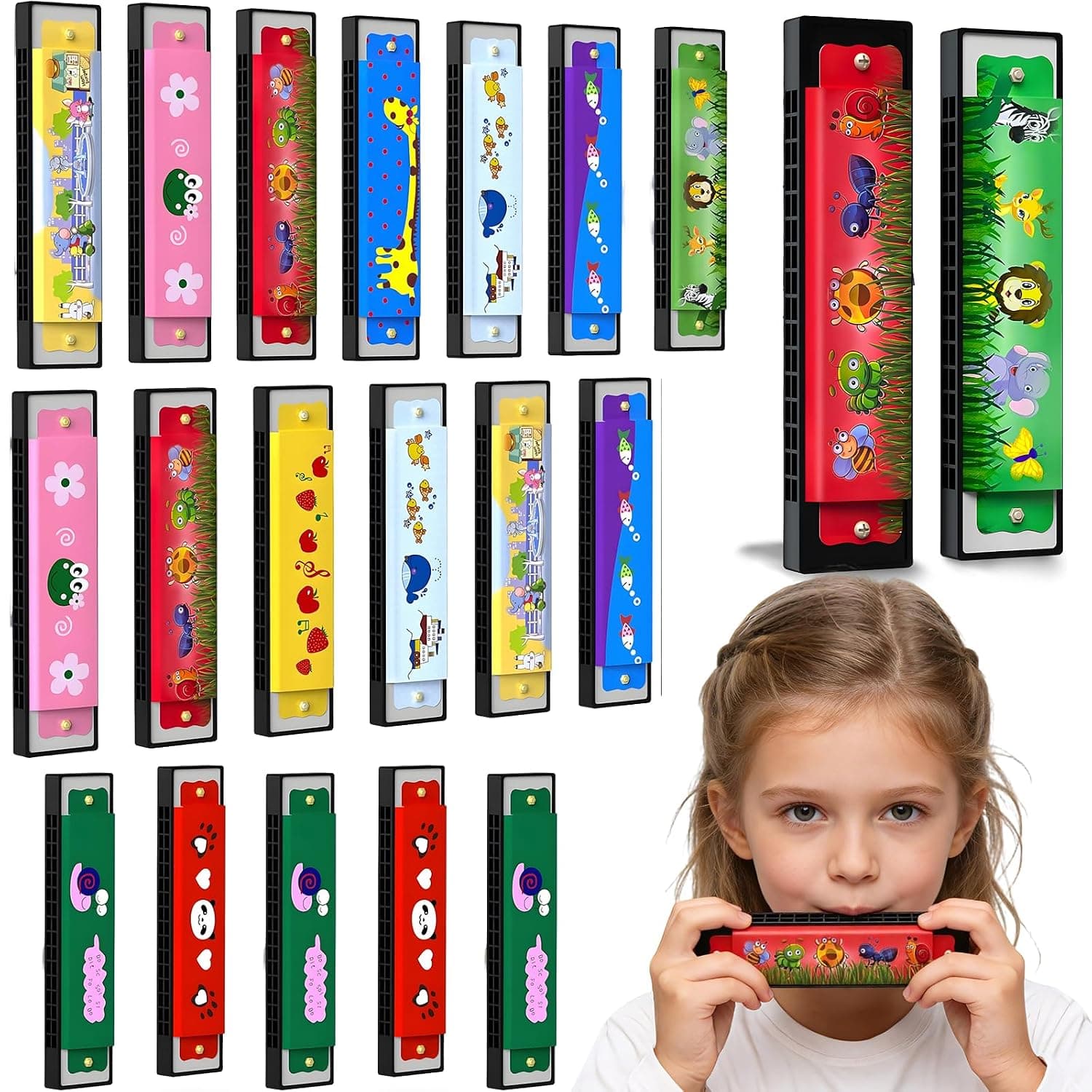 Andanna Harmonica for Kids, 16-Hole, Plastic and Metal, Set of 20, Ages 3+, Beginner Musical Instrument,20 Pcs Kids Harmonicas Bulk Cartoon Harmonica with Double Row