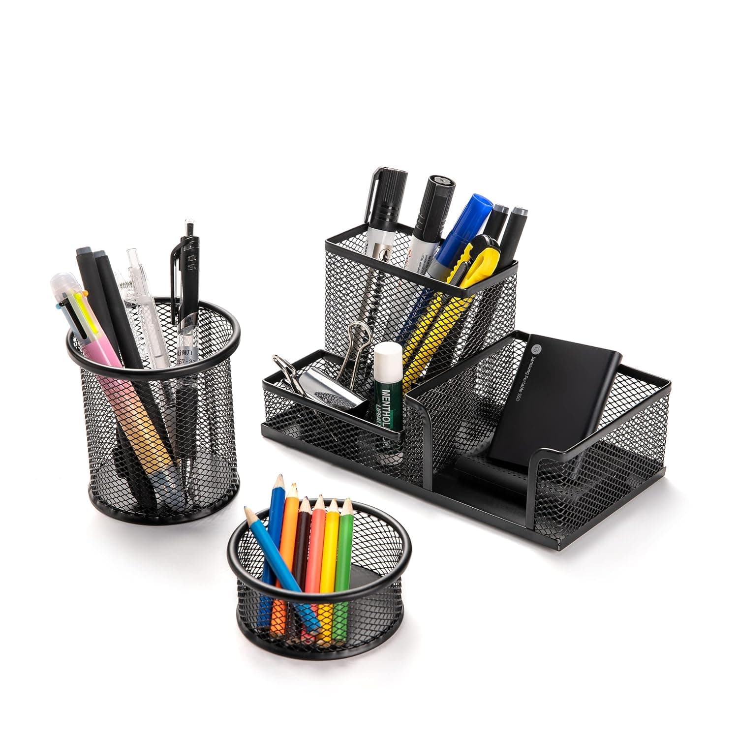 Desk Organizers Set with Pen Holder, Metal Mesh Pencil Holder for Office Desk Storage, Desk Caddy Organizer for Small Desk Stationeries