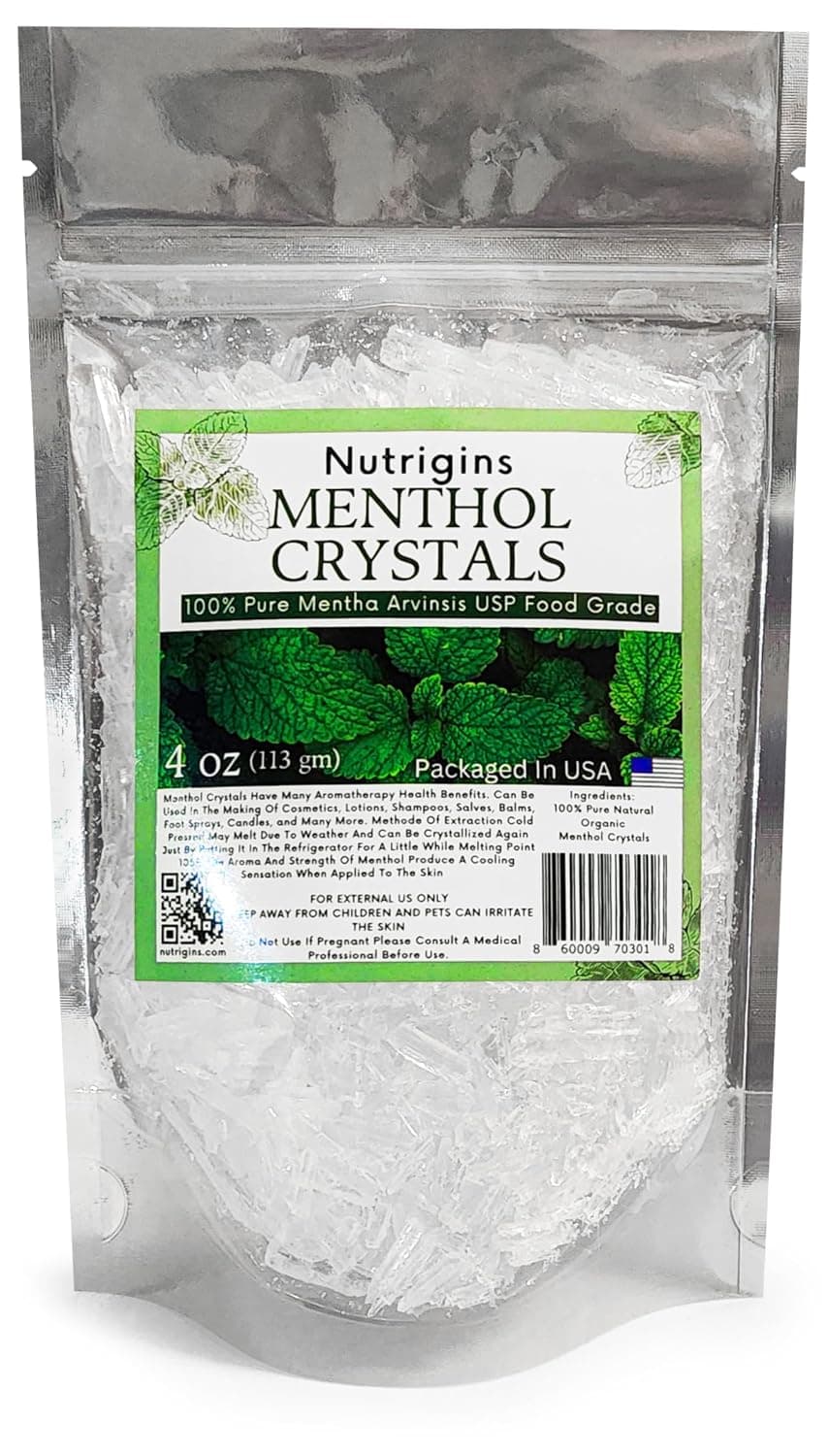 Menthol Crystal 4 Oz - Pure Organic 100% Natural - Menthol Crystals from Mint Crystal Mints Mentha Arvensis - Comes in Resealable Standup Bag for Long-Lasting Freshness