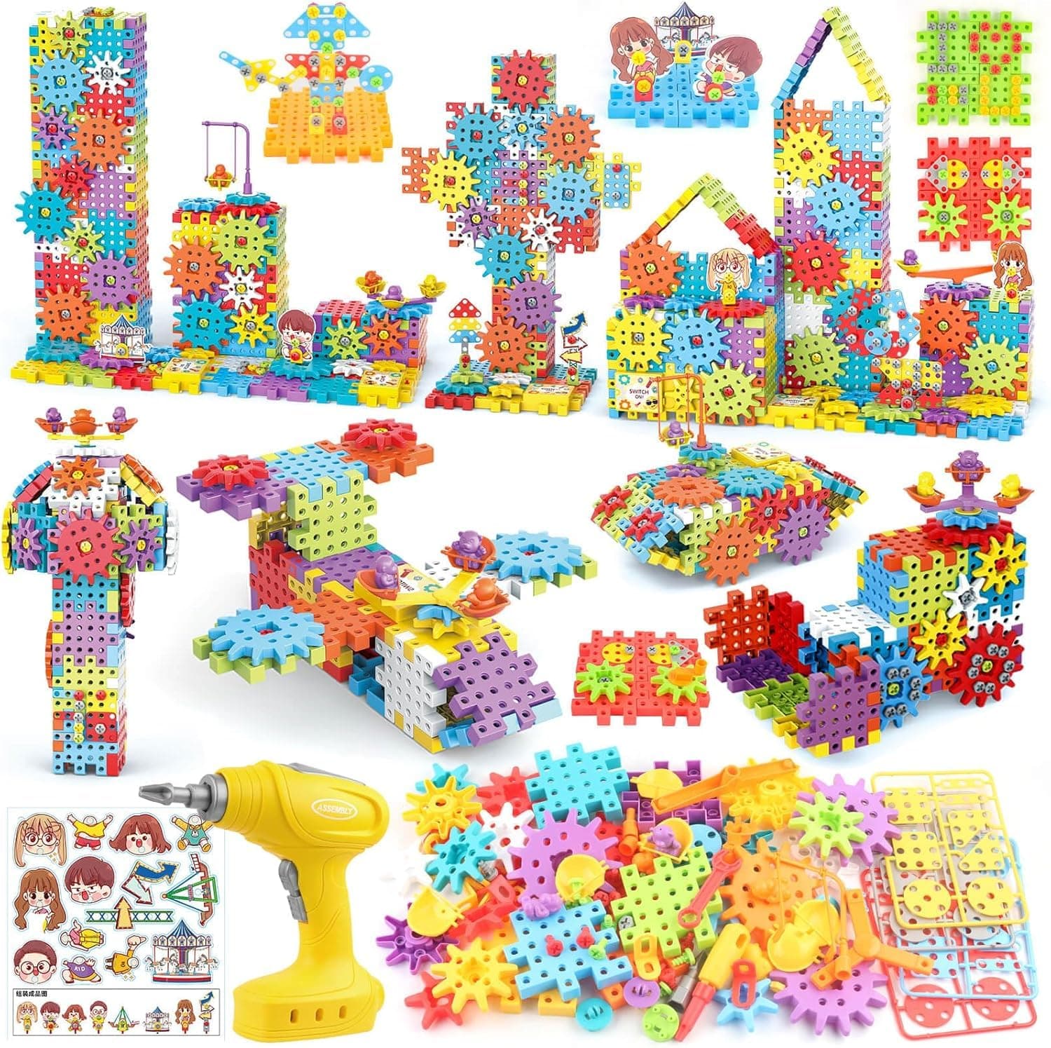 Building Toys for Kids, 234-Piece Gear Building Blocks Set with Electric Drill, STEM Construction Toy Kit for Ages 3+, Includes Gears, Blocks and Tools, Educational and Creative Fun for Kids for Gift