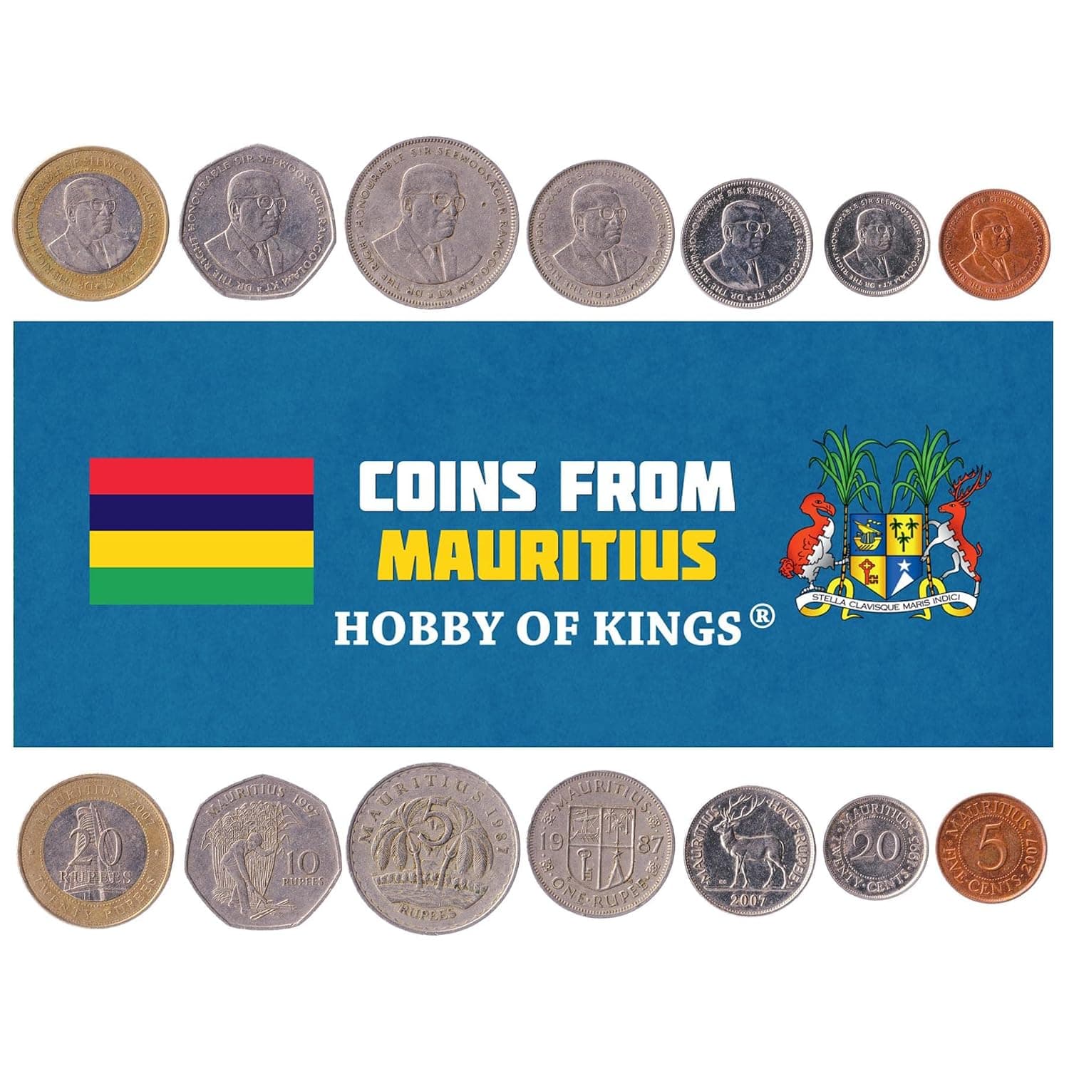 7 Coins from Mauritius | Mauritian Coin Set Collection 5 20 Cents ½ 1 Rupee 5 10 20 Rupees | Circulated 1987-2010 | Sugar Cane | Palm | Deer | Bank of Mauritius | Seewoosagur Ramgoolam | Key