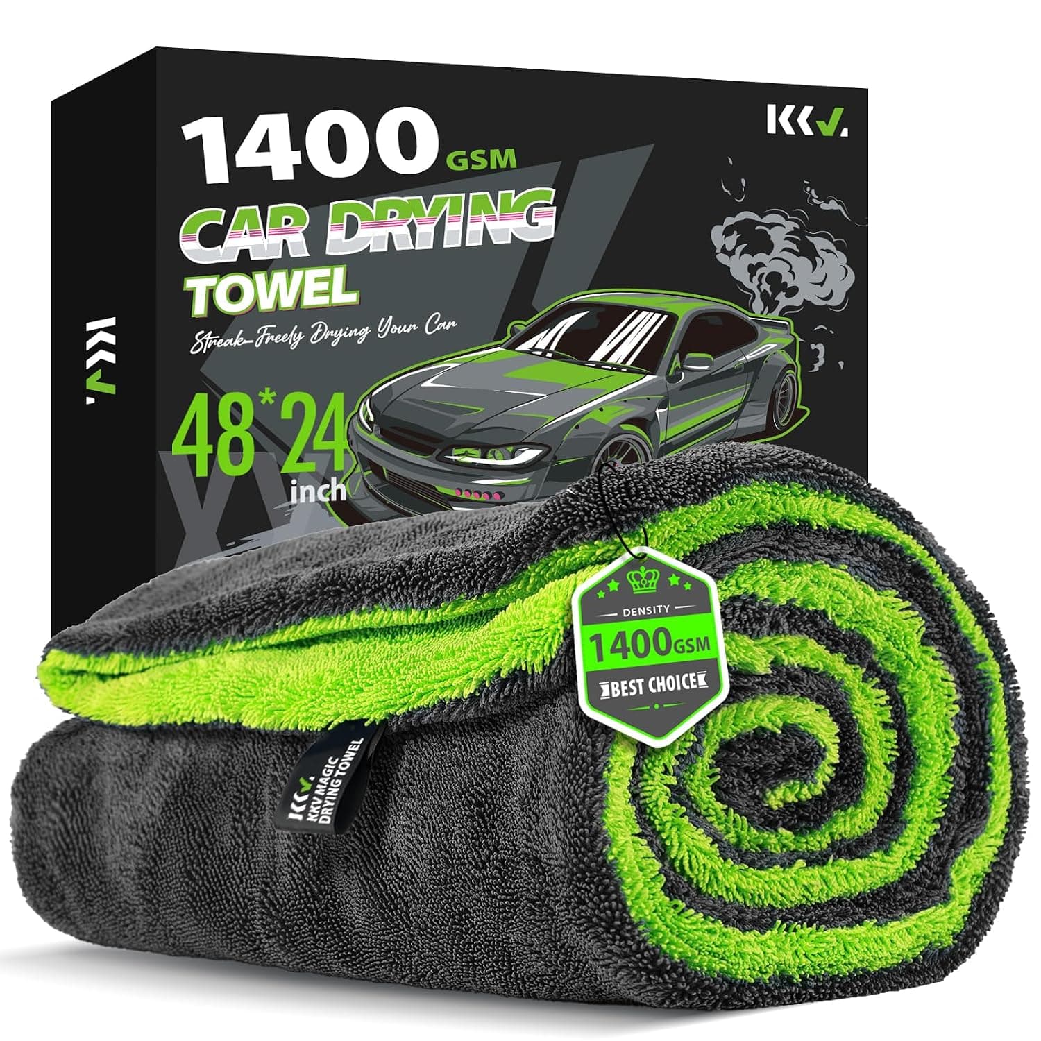 KKV Full-Sized SUV Drying Towel, 48”x24” Dual Sided Microfiber Car Cleaning Towel with Twisting Yarn Technique, 1400GSM Super Absorbent, Scratch-Free, Machine Washable (Darkgray-GreenYellow)