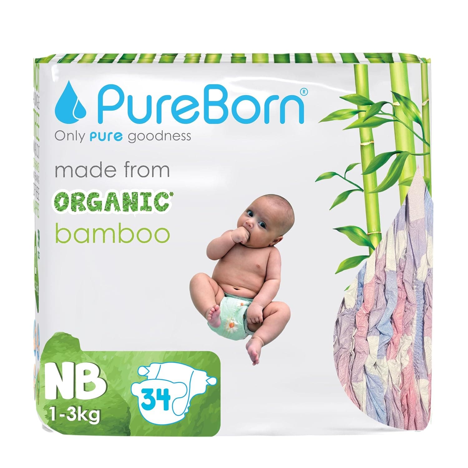 PureBorn Organic/Natural Bamboo Baby Disposable Diapers/Nappy |Single Pack| from 0 to 4.5 Kg | 34 Pcs |Assorted Prints|Super Soft|Maximum Leakage Protection|New Born Essentials| Eco Friendly