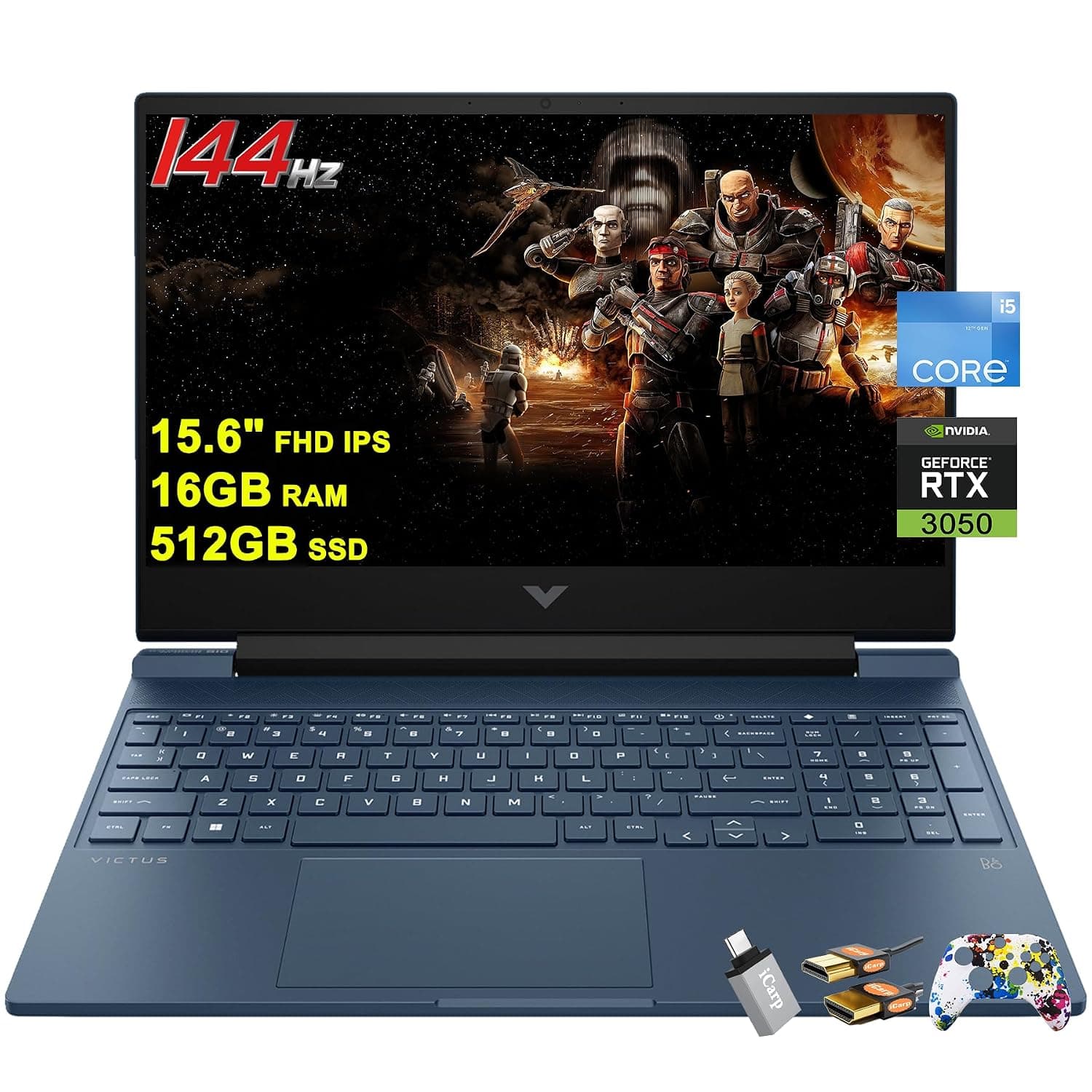 HP Victus 15 Gaming Laptop 15.6” FHD IPS Anti-Glare 144Hz Intel 8-core i5-12450H (Beat i7-11800H) 16GB RAM 512GB SSD GeForce RTX 3050 Backlit B&O Fast Charging Win11 Blue w/ICP Accessories
