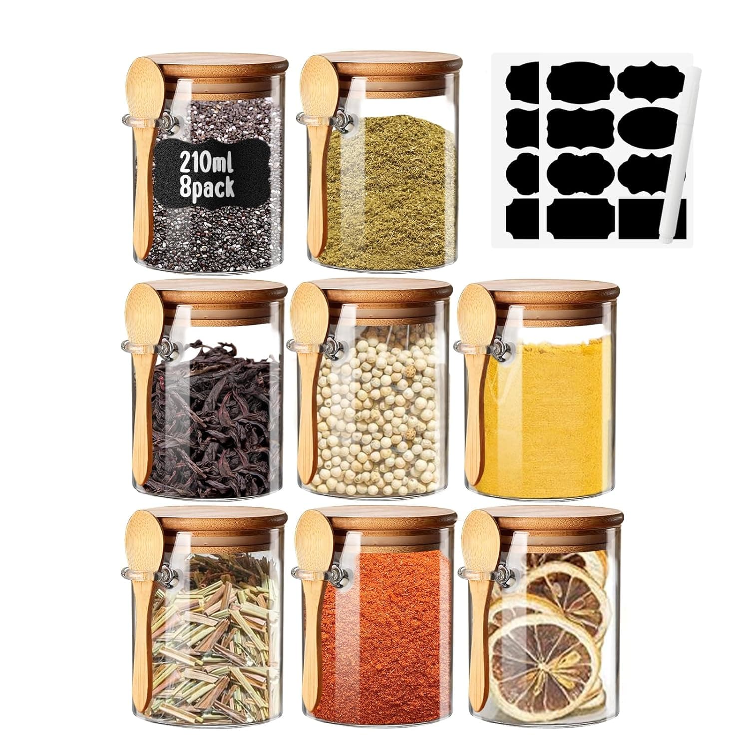 Yalucky Small Glass Jars with Airtight Lid and Spoon Spice Jars with Labels 7oz Overnight Oats Containers Kitchen Accessories Food Storage Jars Containers for Coffee/Tea/Sugar/Spice/Bath Salt 8PCS