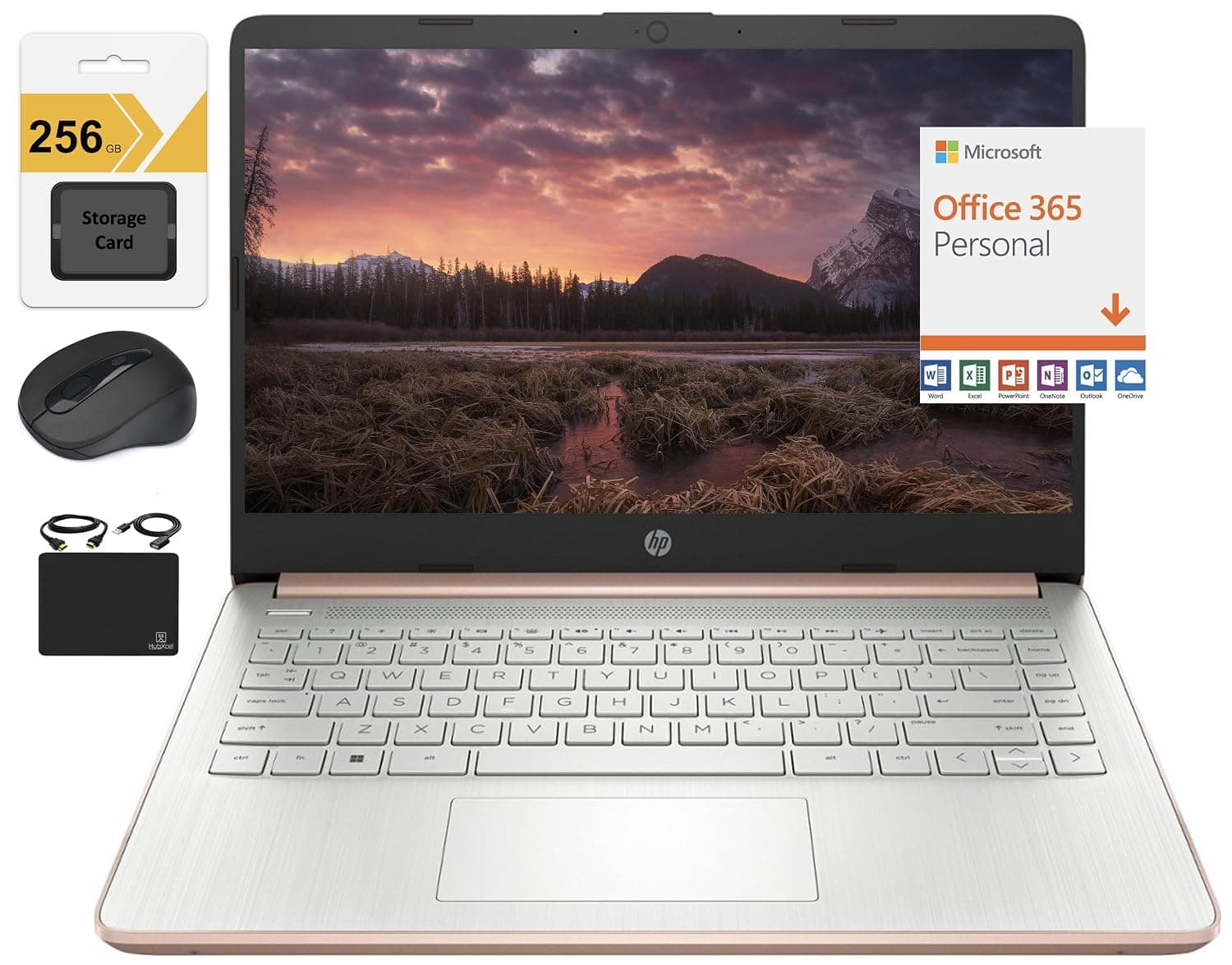 HP New 14" HD Ultra Light Thin Laptop, Quad-Core Intel Celeron Processor, 16GB RAM, 320GB (64GB eMMC+ 256GB Card), Wi-Fi, Upto 11 Hours, Windows 11 S + 1 Year Office 365+HubxcelAccessory, Rose Gold
