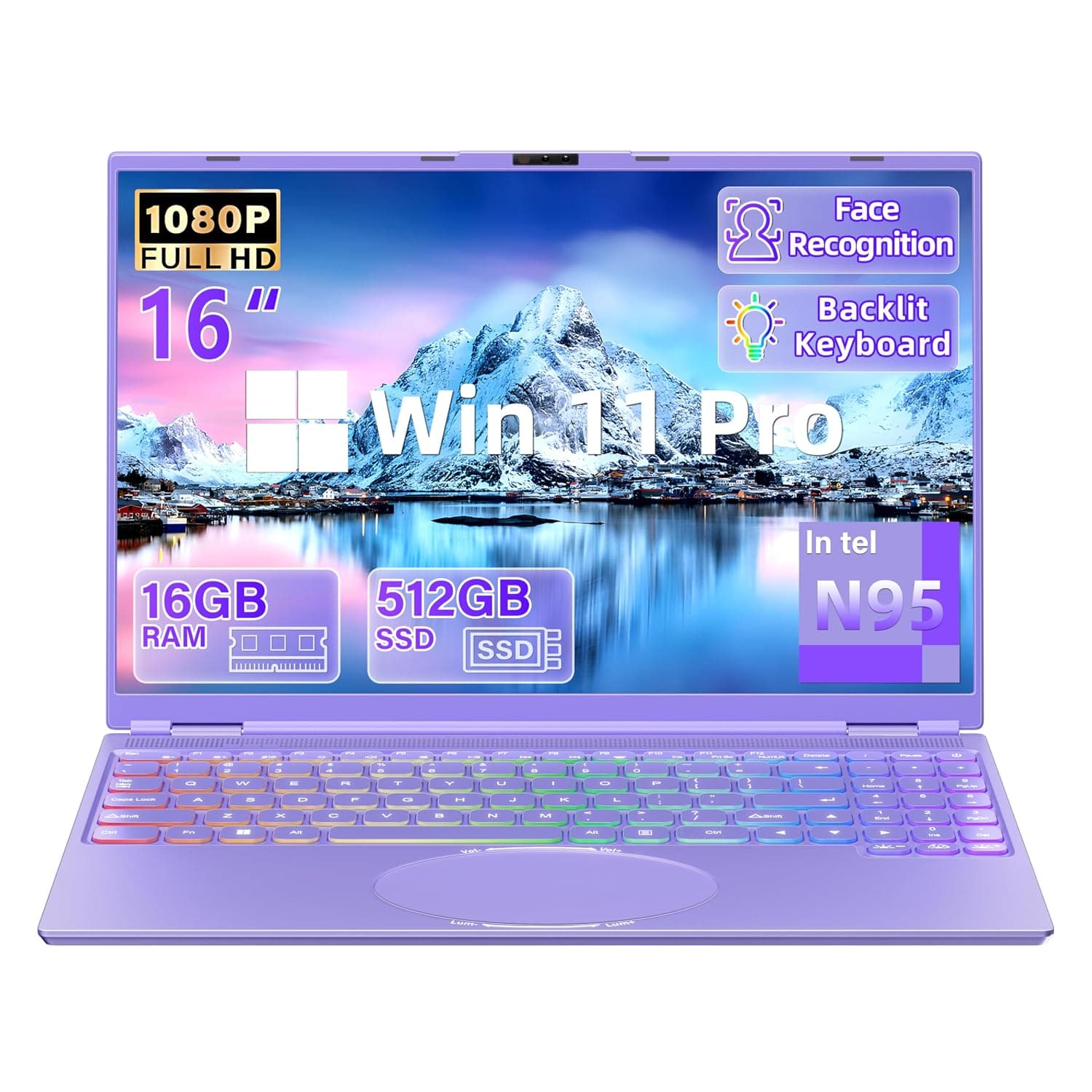 16" Purple Laptop, Ultra-Narrow Bezel FHD IPS 1920*1200 ,Quad-Core N95 (3.4GHz), 16GB RAM 512GB SSD, Color Backlit KB, Face Unlock, USB-C/HDMI/Webcam,Win 11 Pro,for Business Study Entertainment