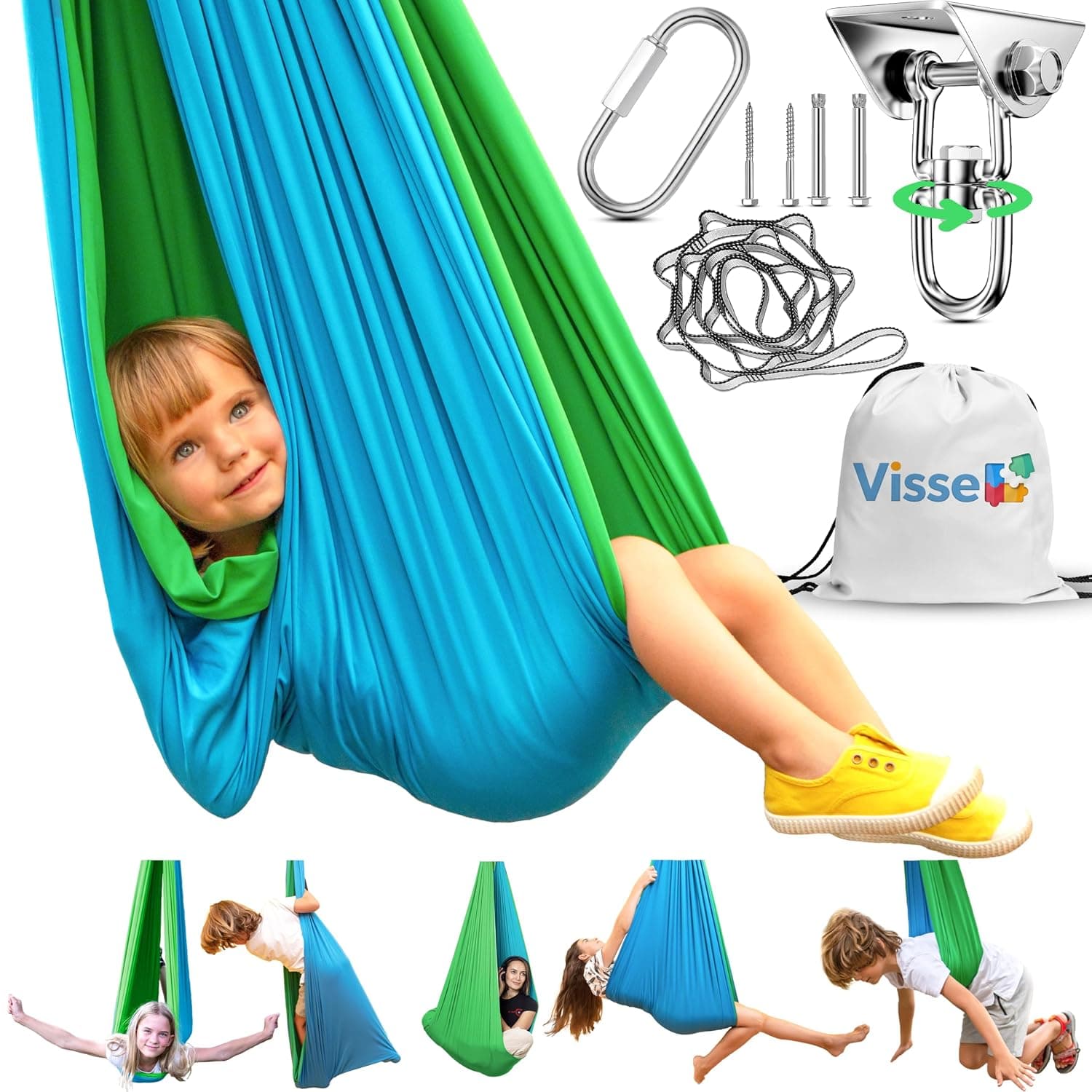 VISSE Sensory Swing for Kids & Adults - Up to 220LB - Green/Blue - Indoor/Outdoor - Calming Therapy Swing for ADHD, Autism, SPD | 300 Lbs Capacity, 360° Swivel Hardware Included; Autism, ADHD & SPD Support; Meltdowns, Quiet & Play time