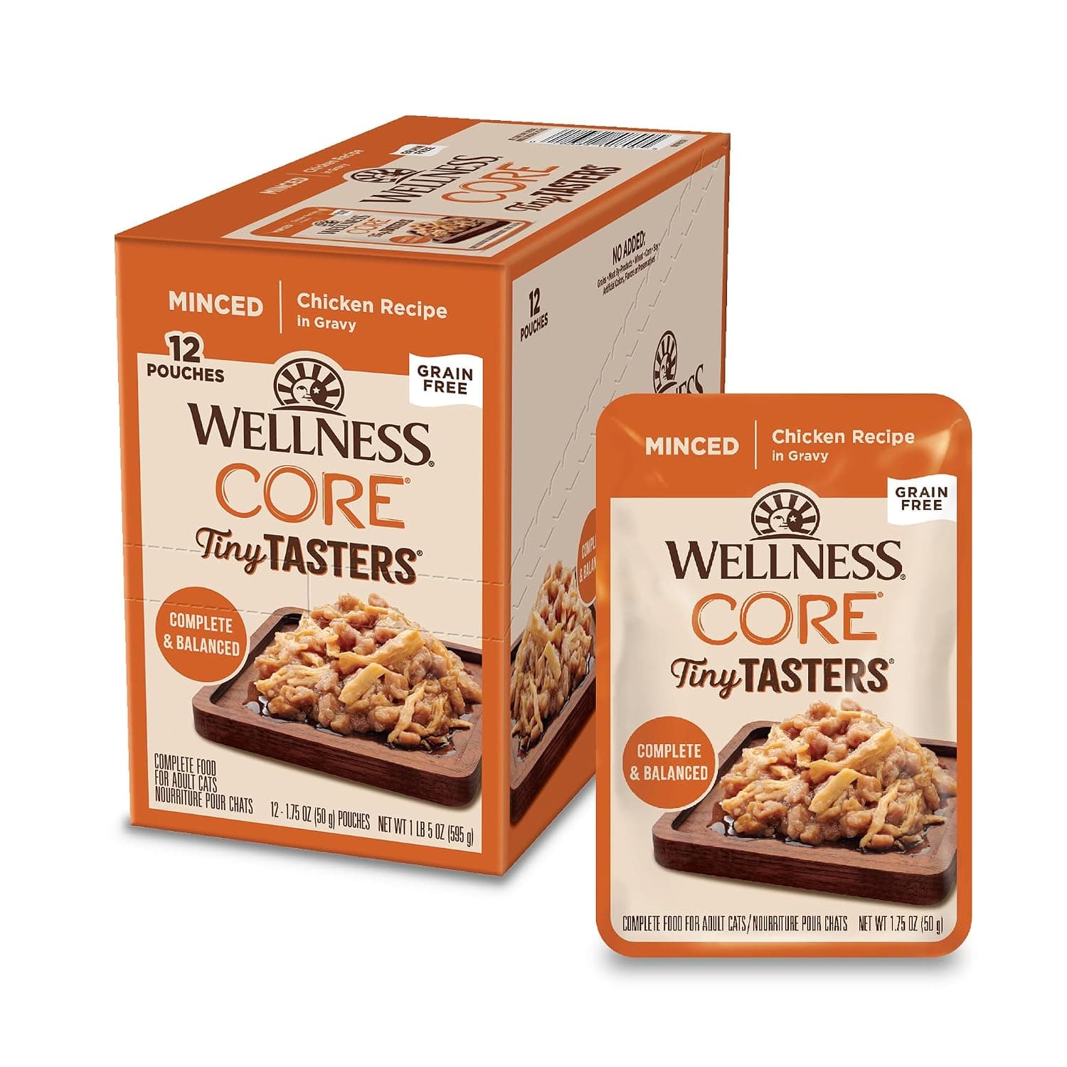 Wellness CORE Tiny Tasters Wet Cat Food, Complete & Balanced Natural Pet Food, Made with Real Meat, 1.75-Ounce Pouch, 12 Pack (Adult Cat, Minced Chicken in Gravy)