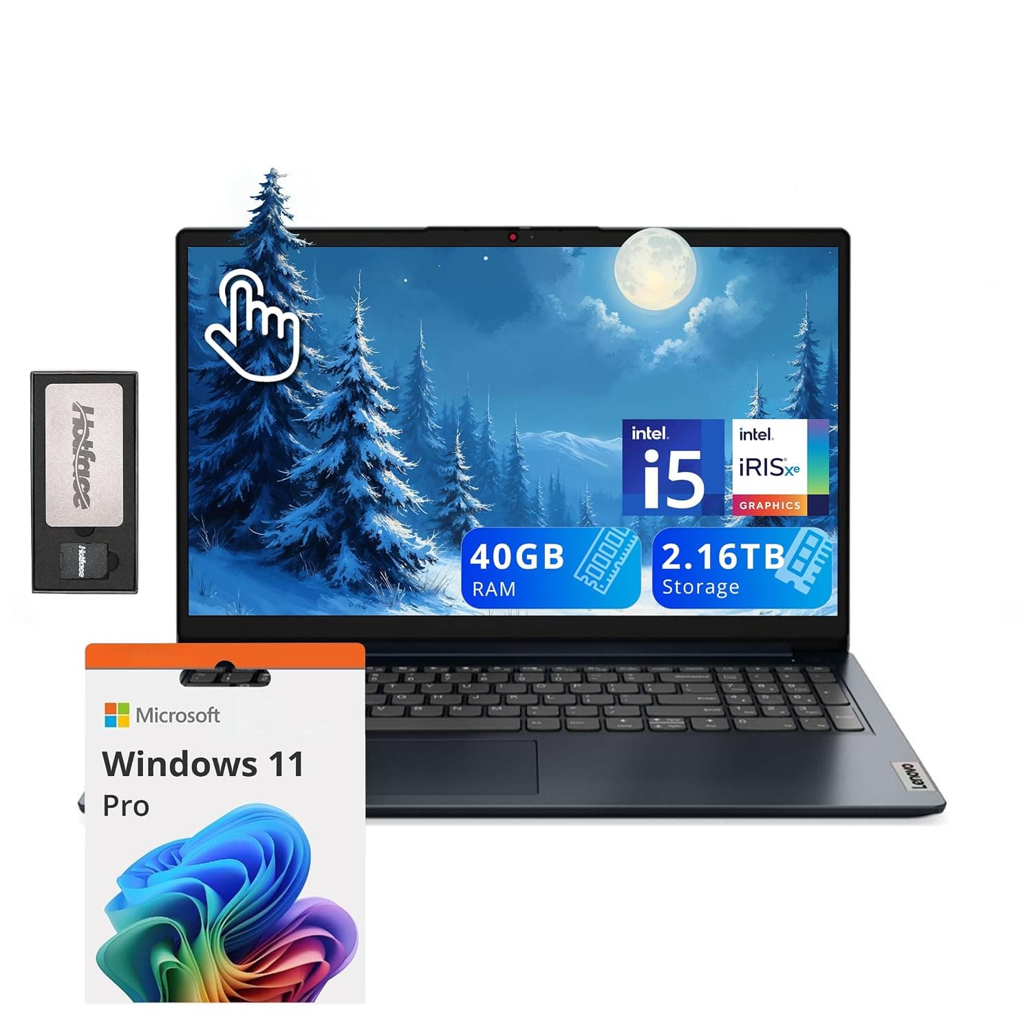 Lenovo IdeaPad 1i 15.6" FHD Touchscreen Laptop, Intel i5 1235U, 40GB RAM, 2.16TB Storage(2TB SSD + 160GB Docking Station), Intel Iris Xe Graphics, HD Camera, Dolby Audio, Wi-Fi 6, Win 11 Pro, Blue
