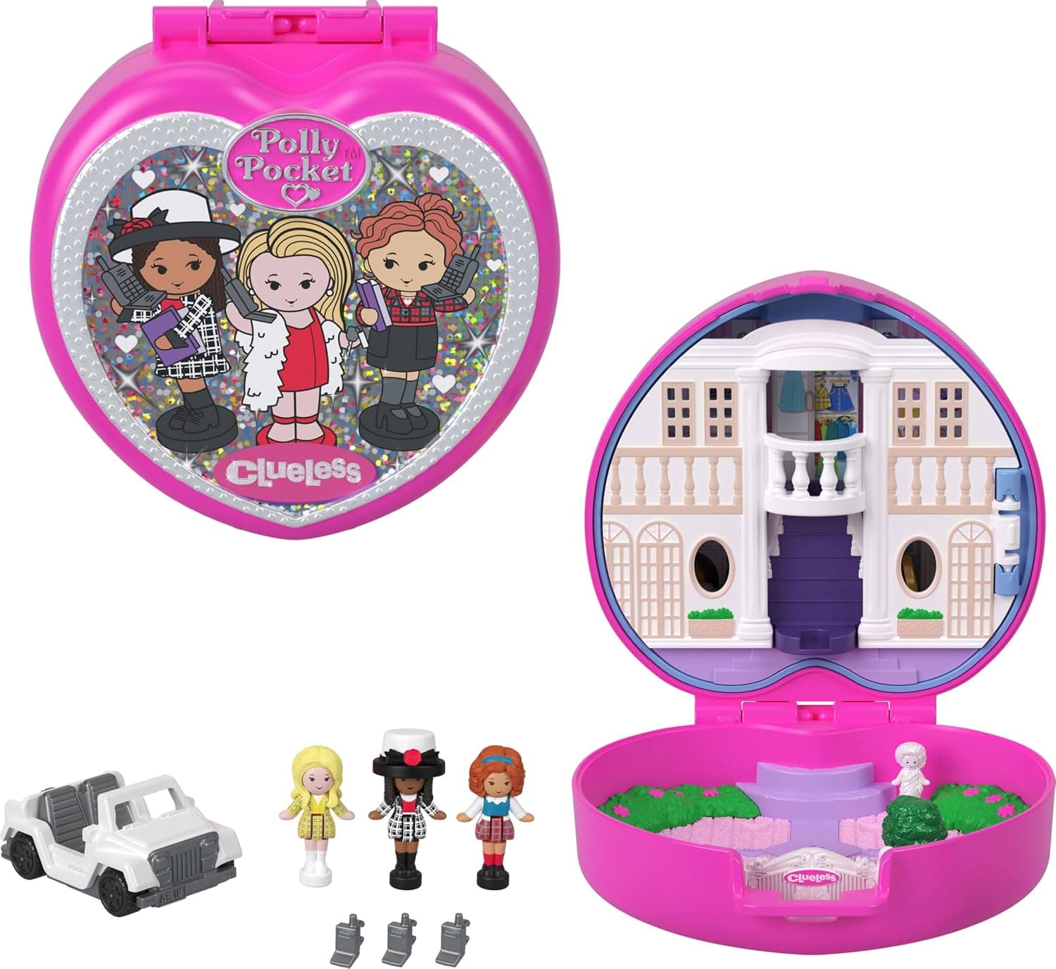Polly Pocket x Clueless Collector Compact, Micro Dolls and Playset, 5 Themed Accessories Including Toy Car, Cher, Dionne, & Tai