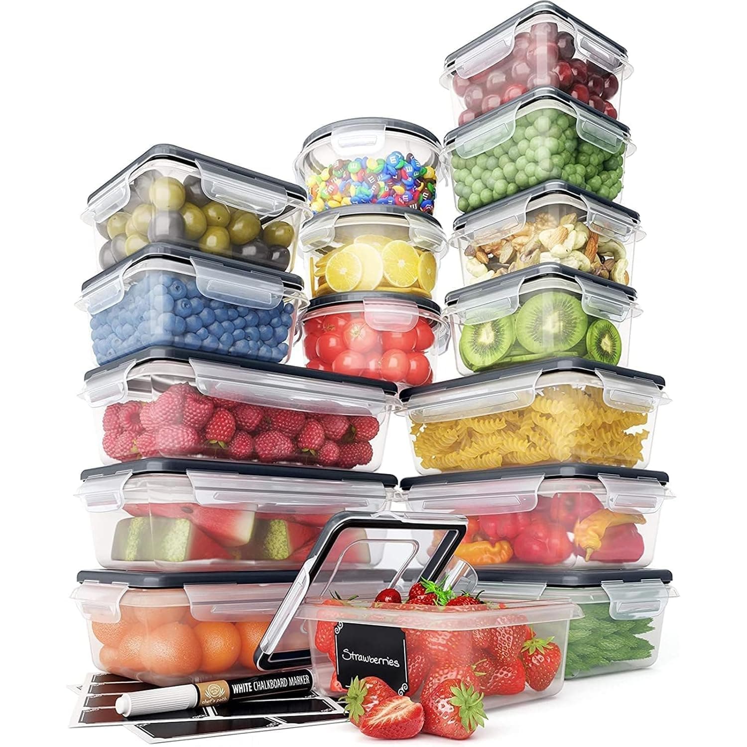 Tazweeq 16-Piece Food Storage Container Set - Airtight Plastic Containers with Snap Lids for Pantry & Kitchen