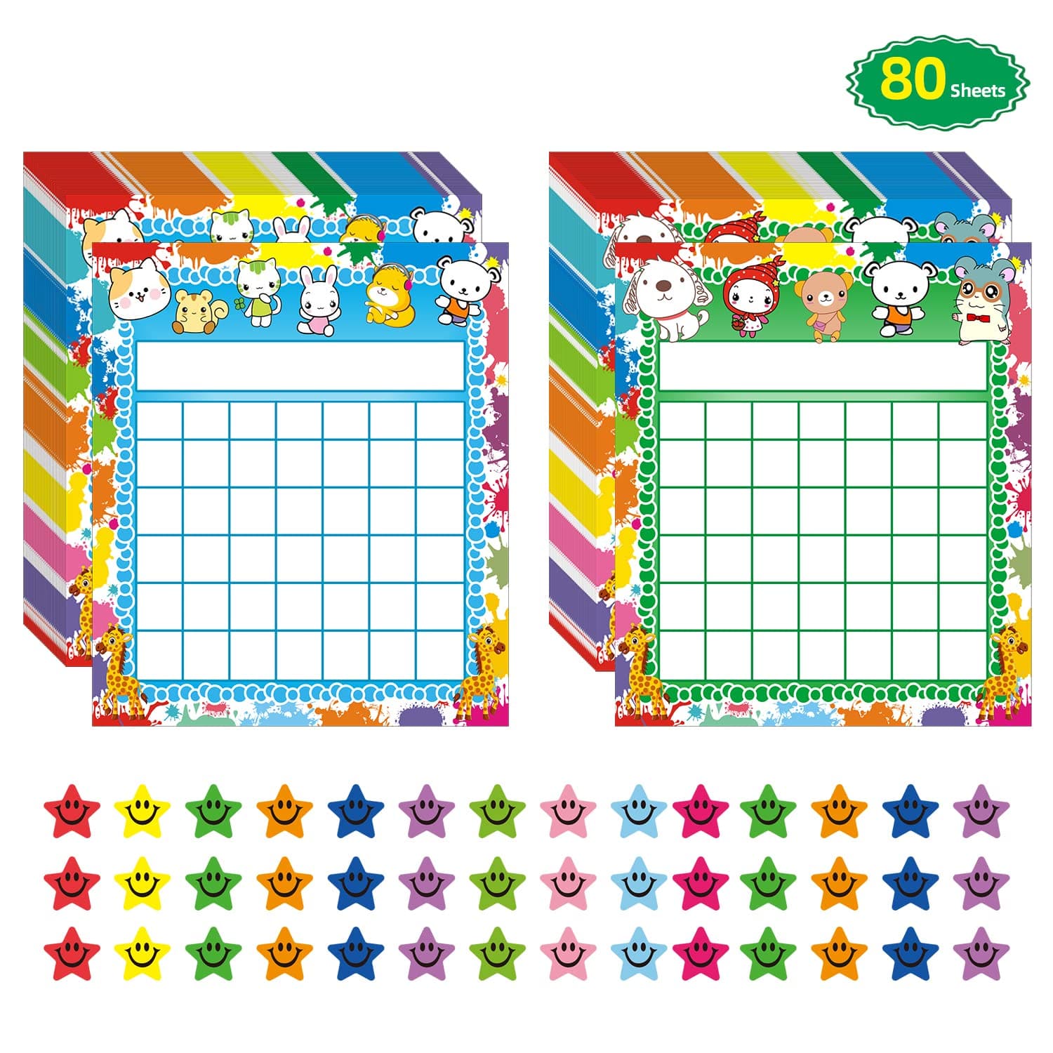 ANSTROUT 80 Pack Classroom Incentive Chart for 2 Designs with 2400 Pieces Colorful Star Stickers for Kids Students Classroom Teaching or Family Using…