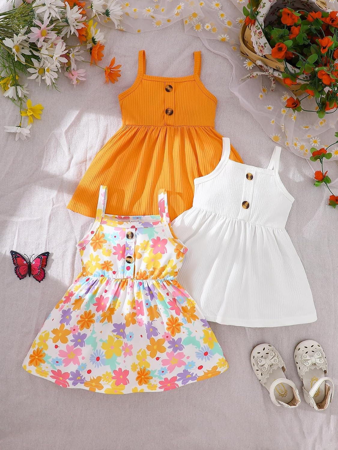 Baby Girl 3 Pack Summer Dresses Spaghetti Strap Button Front Sundress Set