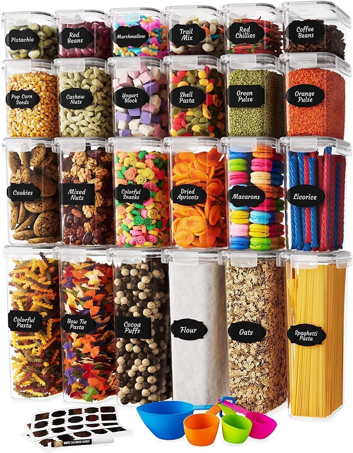 HOOKOR 24 Pack Airtight Food Storage Containers with Lids, Kitchen and Pantry Organization and Storage, BPA Free Kitchen Storage Containers for Spaghetti, Sugar,Cereal, Rice, Flour & Oats