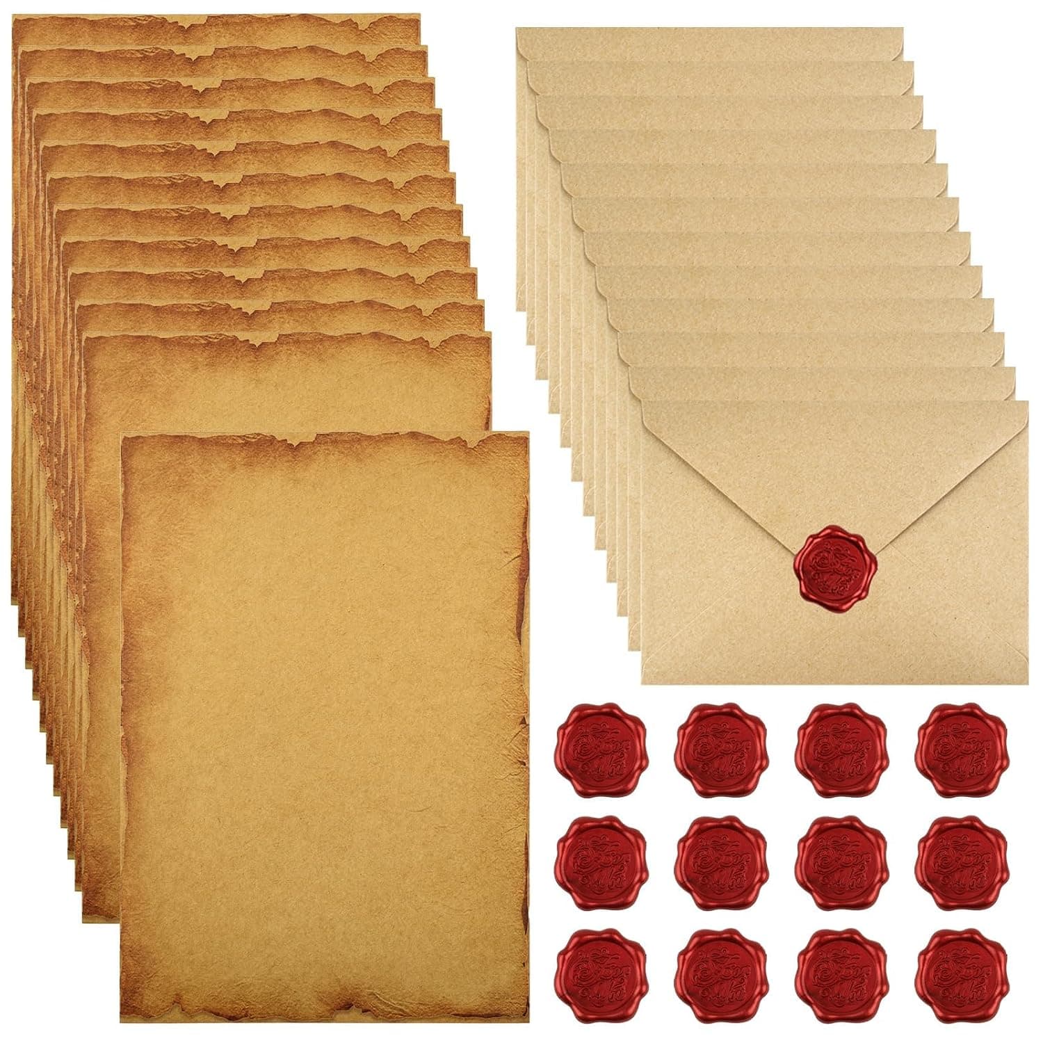 12 Pack Vintage Letter Writing Set, 24 A5 Kraft Paper Sheets, 12 Envelopes and 12 Wax Seal Stickers, Retro Stationery Kit for Love Letters, Wedding Invitations, Birthday Cards