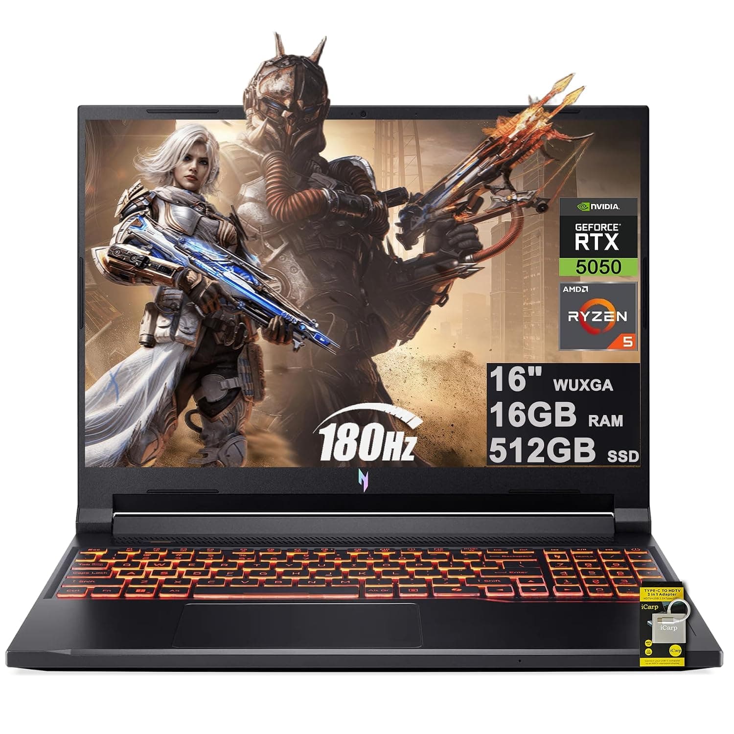 acer Nitro V 16 AI Gaming Laptop 16" WUXGA IPS 180Hz AMD 6-core Ryzen 5 240 16GB DDR5 512GB SSD GeForce RTX 5050 (Up to 421 AI Tops) Backlit Wi-Fi6E Type-C Win11 w/ICP Hub
