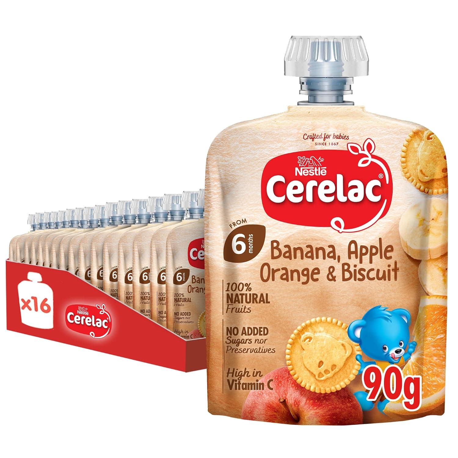 Nestle Cerelac Baby Food Fruits and Biscuits Puree Pouch Banana, Apple, Orange & Biscuit, High in Vitamin C, No artificial flavors, No preservatives. 90G (6m+) (16 Pouches)