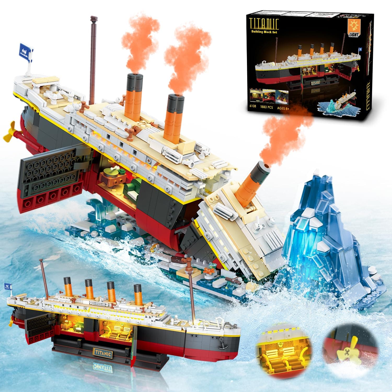 INSOON Titanic Building Set with LED Light, 2 in 1 Titanic Ship Mini Building Block 1883 PCS, Ship Model with Glacier Display Stand, Building Brick Toy Gift for Adults Teens Kids Boys Girls 10 11 12+ | 3.6mm Mini Building Block Titanic with Glacier Display Stand, Collectible Ship Model Gift for Adults Boys Girls 12+(1883 PCS)