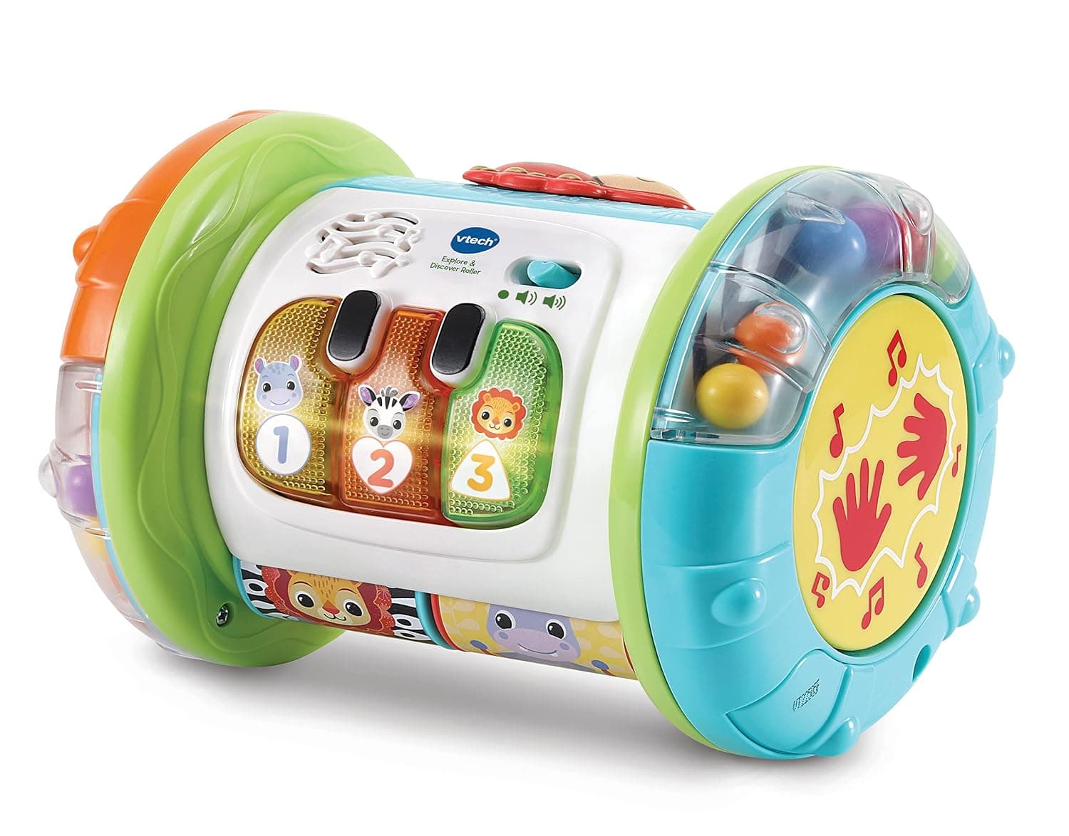 VTech Baby Explore & Discover Roller, Interactive Baby Toy with Gears, Rollers, Beads, Lights & Music, English version | Three light-up piano keys teach animals, colours and numbers, with 7 songs and 18 melodies. Ages 6-36 months