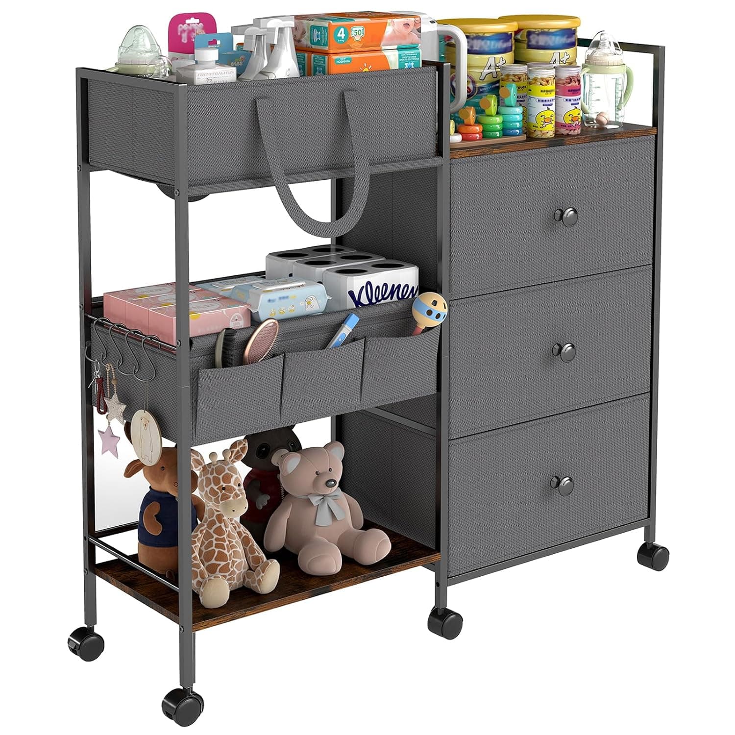 3-Tier Baby Diaper Caddy Organizer and Storage Cart, Baby Essentials with 2+2 Dividers and 3 Drawers, Large Capacity Rolling Cart for Nursery Storage, Diaper Caddy Cart for Crib, Bedroom, Bathroom