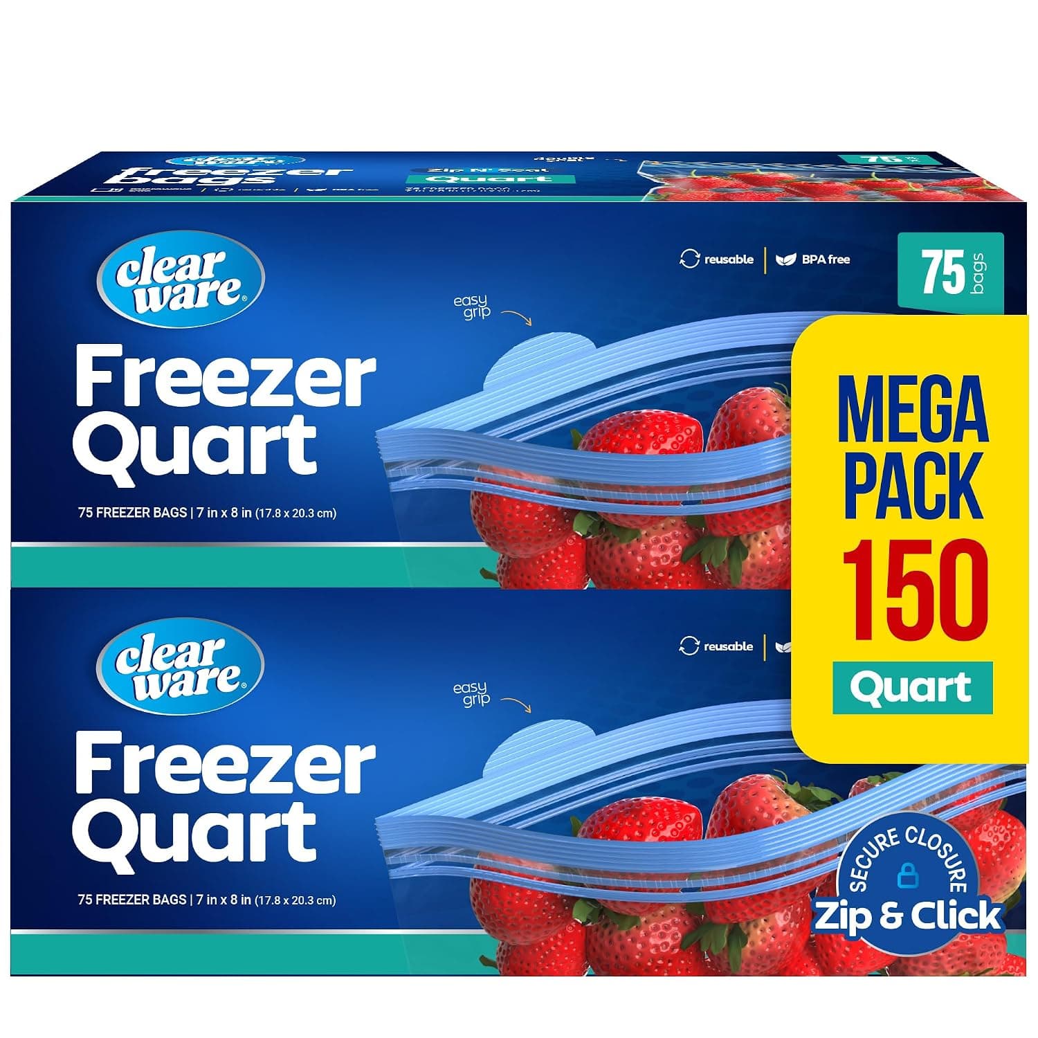 Quart Freezer Bags - Double Zipper Seal -150 Count, (2 Packs of 75) Resealable Plastic Freezer Containers - Reusable Pouches for Food Storage, Meat, Fresh Vegetables, Fruit - Microwave-Safe, BPA Free