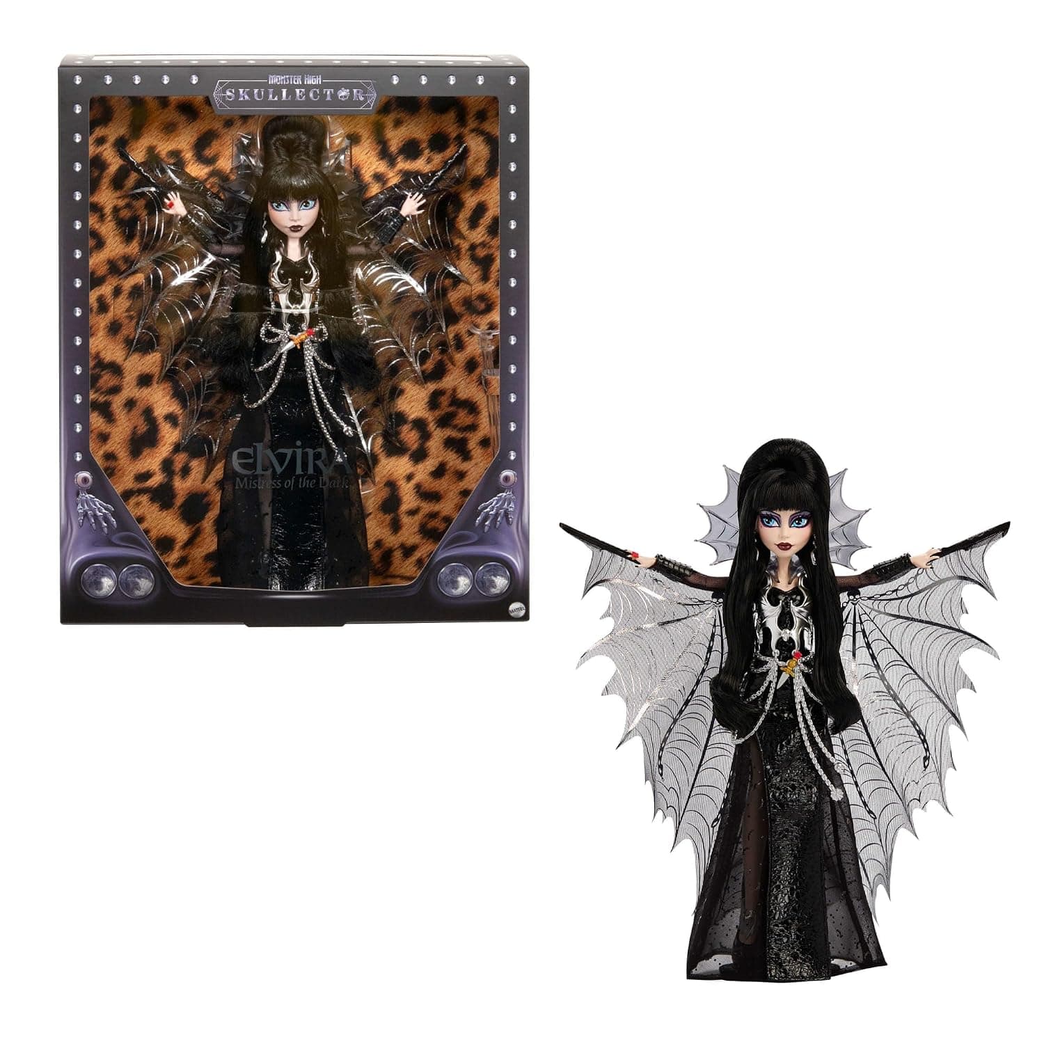 Monster High - Elvira, Mistress of Dark Magic Doll in Black Faux Leather Dress with Silver Batwing Cape and Accessories HYV99 | Elvira in Black Faux Leather Dress with Silver Bat Cape and Premium Accessories, Doll Stand, HYV99