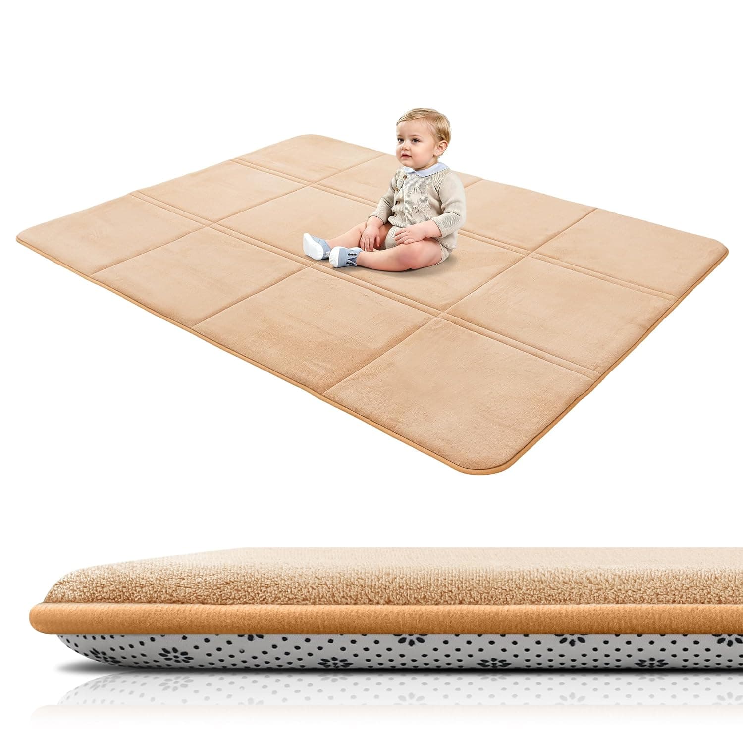 BYBYME 3 cm Thick Foldable Baby Crawling Mat, 150 x 200 cm, Play Mat with Non-Slip Underside, Soft Memory Foam Floor Mat for Babies, Children & Toddlers, Ideal for Living Room & Yoga, Brown