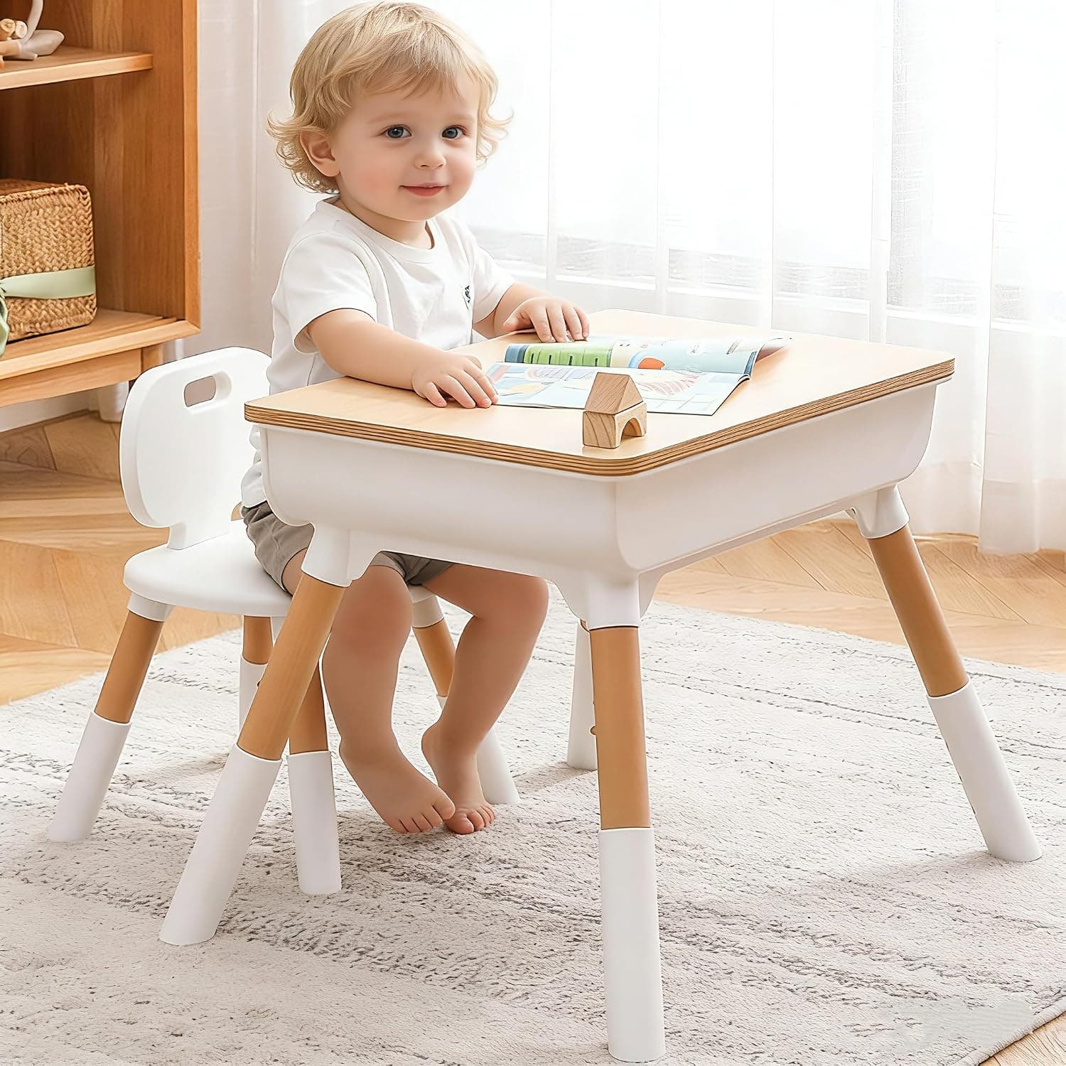 Study Table, with 1 Chair Set, Height Adjustable Table and Chair, 55 * 55 * 40cm, Play and Activity Desk with Paper Roll, Storage Basket and Drawers, Suitable for Daycare, Classrooms, Home