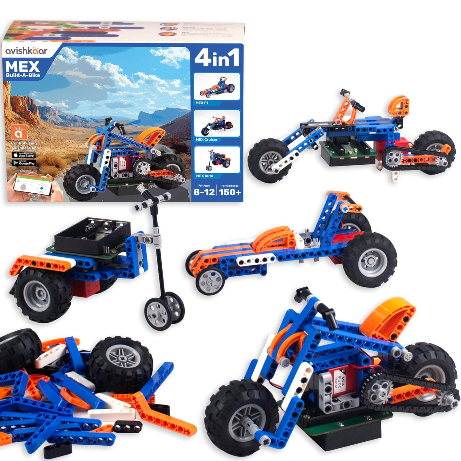 Avishkaar MEX Build-a-Bike 4-in-1 DIY STEM Robotics Kit for Kids 8–12 | 150+ Building Parts | Learn Robotics & Mechanical Designing | Educational Construction Gift Toy for Boys & Girls