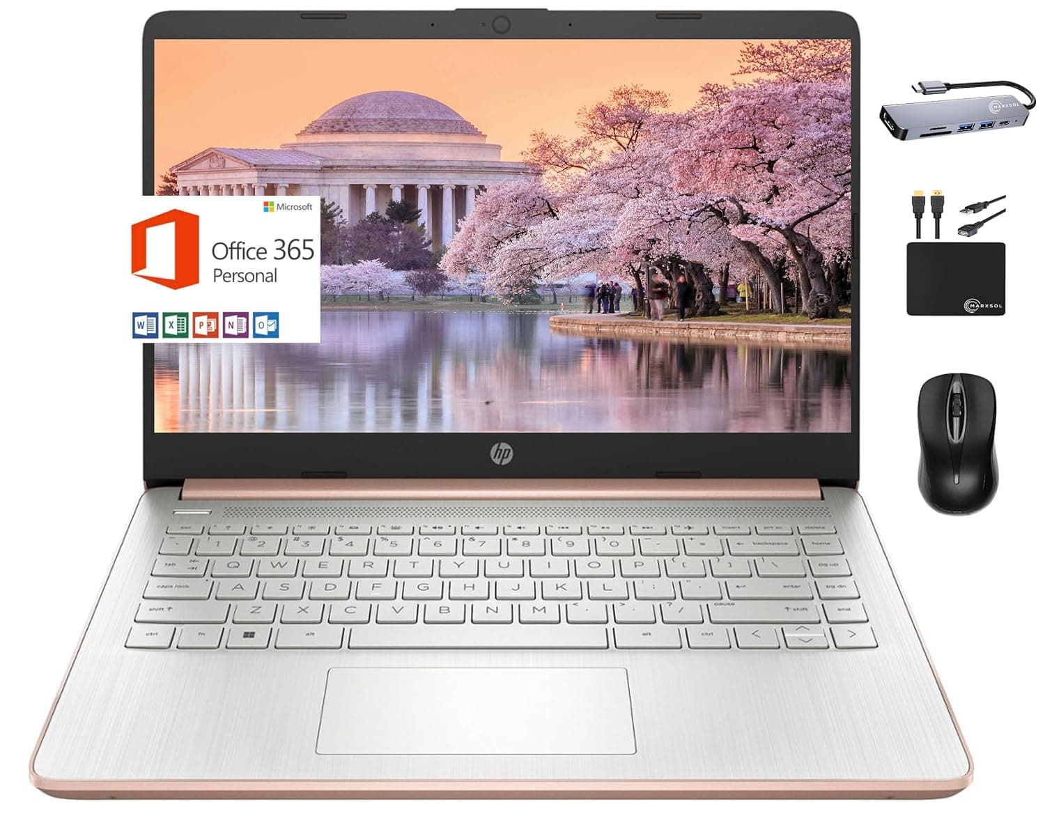 HP 2024 Premium 14" Micro-Edge Portable Laptop Student Business, Intel Quad-Core N4120, 4GB RAM, 192GB (128GB eMMC+ 64GB Card), WiFi, Windows 11S + 1 Year Office 365, MarxsolAccessory Rose Gold