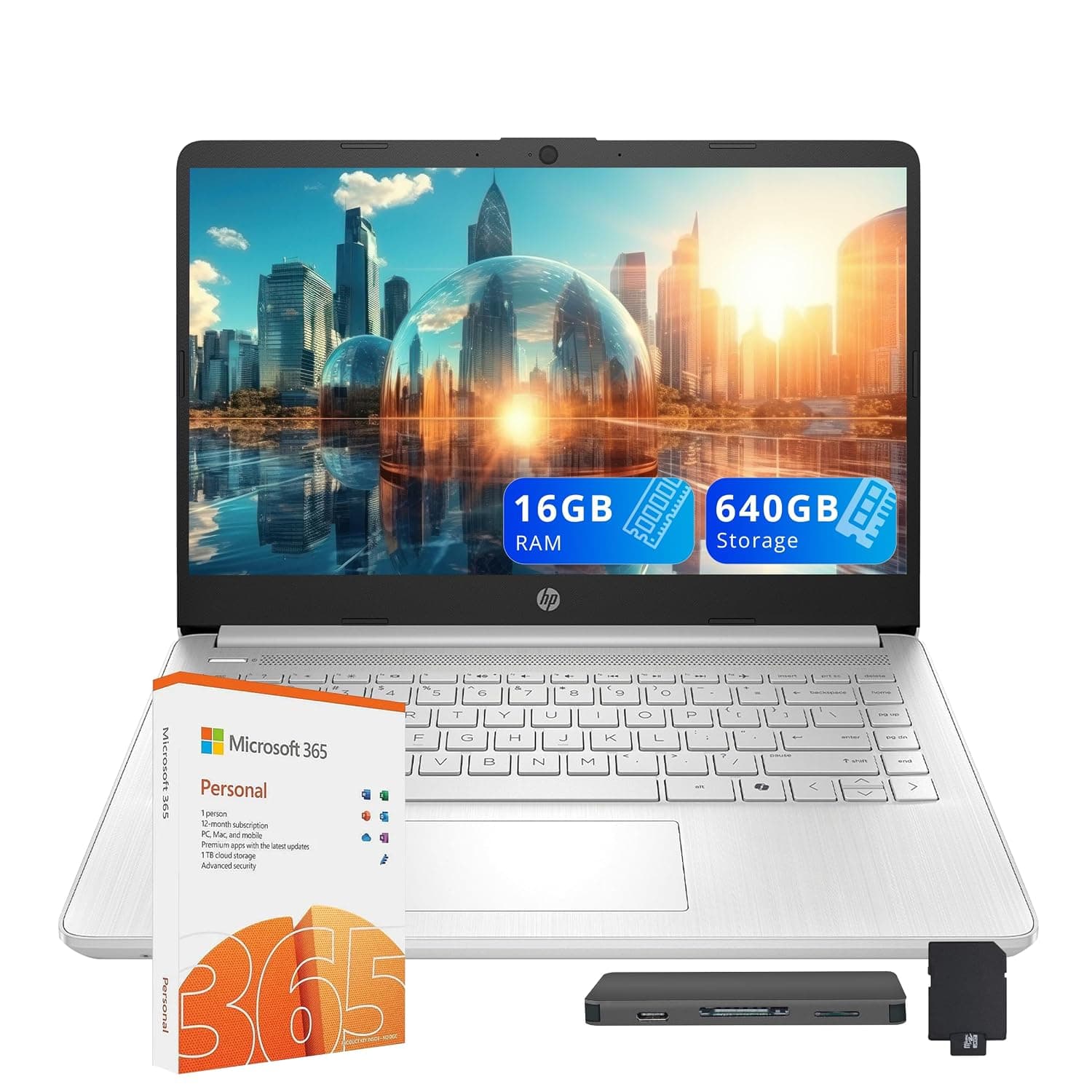 HP Stream 14" HD Laptop, Intel Processor N150, 16GB RAM, 640GB Storage(128GB UFS+512GB Docking Station Set), Intel Graphics, Webcam, Wi-Fi 6, 1 Year Office 365, Copilot, Fast Charge, Win 11, Silver