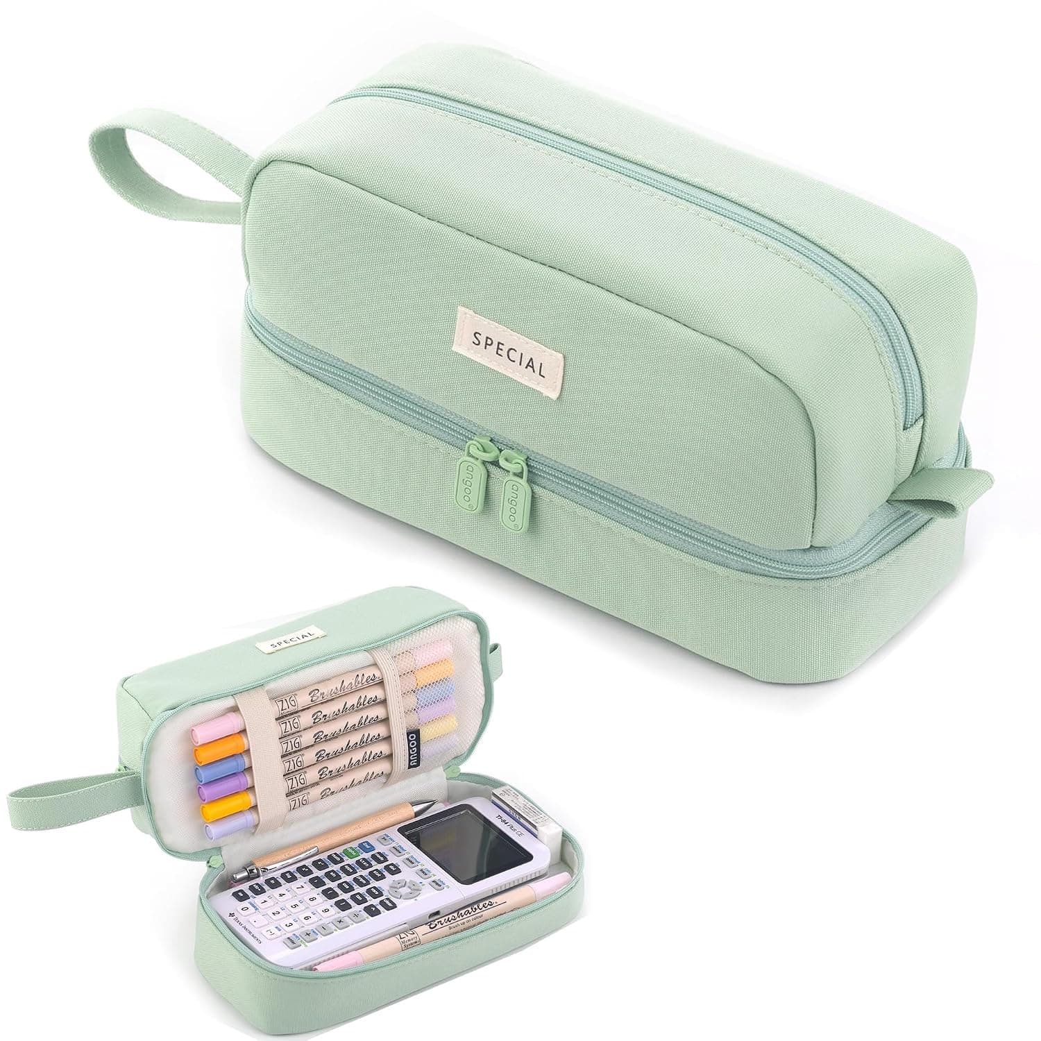 Large Capacity Pencil Case Canvas Pen Pouch with 2 Compartments Multi-Purpose Stationery Organizer Bag for Girls Boys Teens Students Adults Ideal for School Office Supplies Green