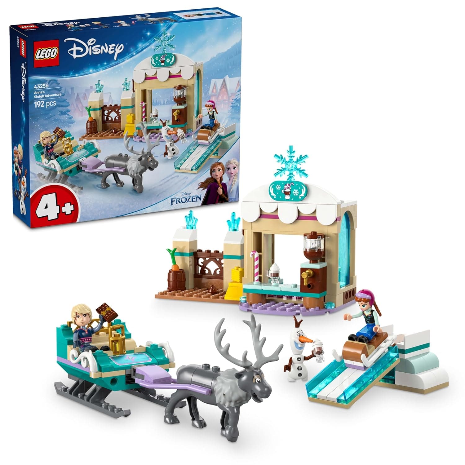 LEGO ǀ Disney Frozen Anna’s Sleigh Adventure, Hot Chocolate Stand with a Kristoff Minidoll, plus Olaf and Sven Figures, Princess Building Toy for 4+ Year Old Girls 43256