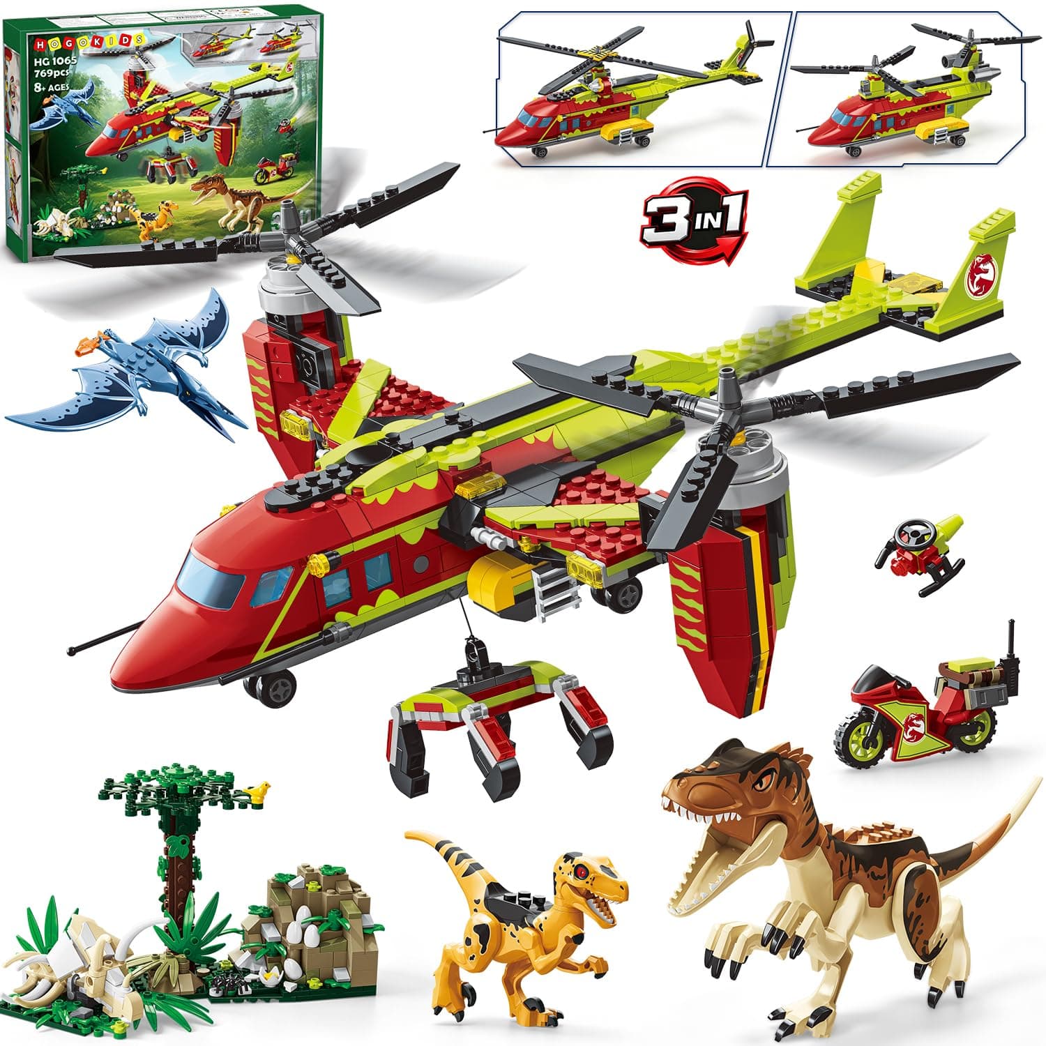 HOGOKIDS 3-in-1 Plane Construction Set with Dinosaur, 769 Pieces Dump Protor/Transport Helicopter/Double Rotor Helicopter Construction Set with Grab Hook Fun Accessories, Gift for Children Boys
