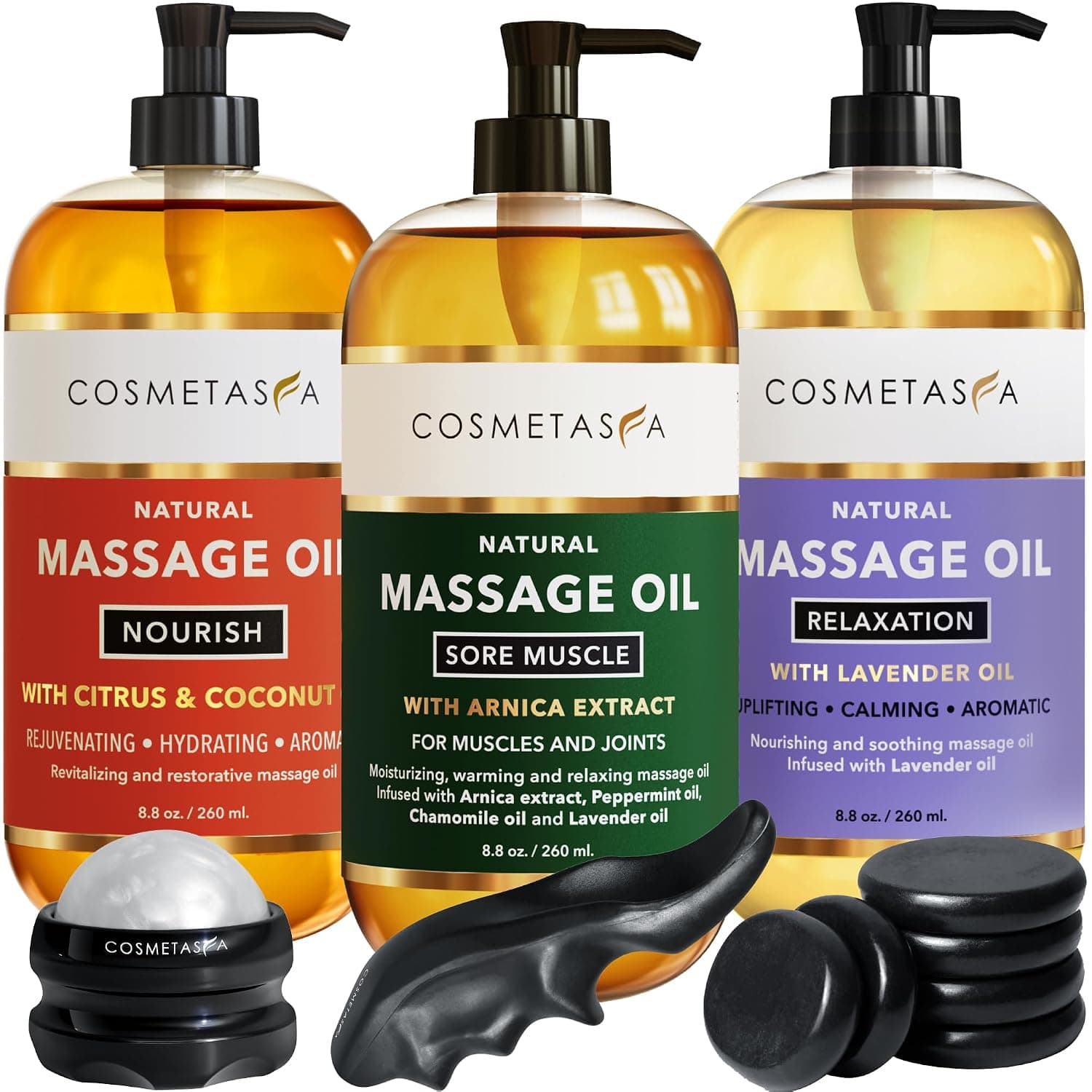 Cosmetasa Luxury Spa Gift Set - Relaxation Lavender, Sore Muscle Arnica & Nourishing Citrus Coconut Massage Oils with Hot Stones, Roller Ball & Thumb Saver Massage Tools for Women & Men