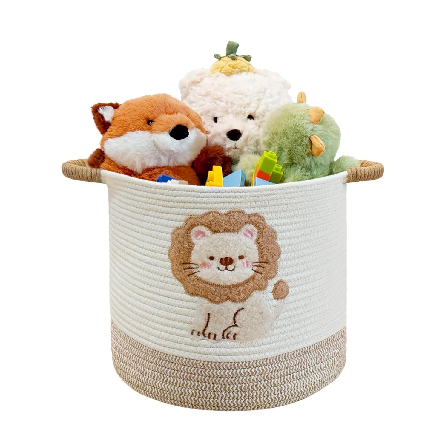 Toy Storage Basket(12"x12"), blanket basket, Cotton Rope Woven Laundry Hamper with Cute Embroidered Lions for Nursery, Living Room, Laundry (Lion)