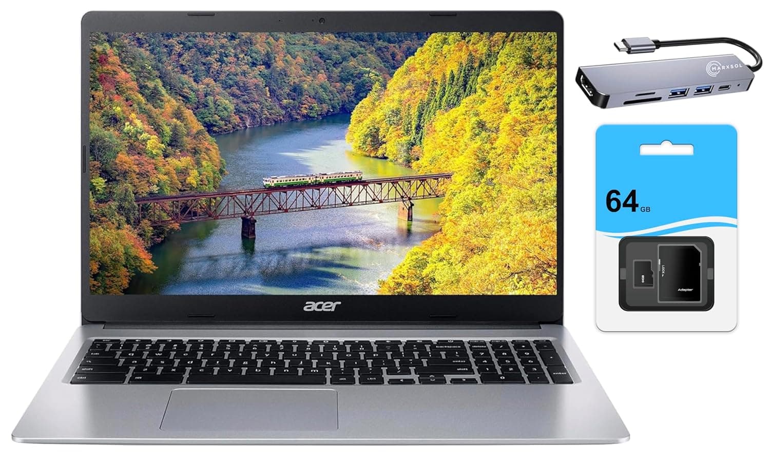 acer Chromebook 315 Laptop Computer (2023), 15.6” HD Display, Intel Celeron N4020 (up to 2.8GHz), 4GB RAM, 128GB Storage (64GB eMMC+64GB SD), Webcam, WiFi, 12+ Hrs Battery, Chrome OS+MarxsolAccessory
