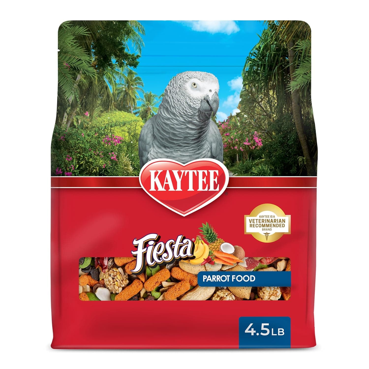 Kaytee Fiesta Parrot Pet Bird Food, 4.5 Pound | Fun feeding. Bird food with fruits, veggies, grains. Bird seeds, shapes and textures for natural foraging