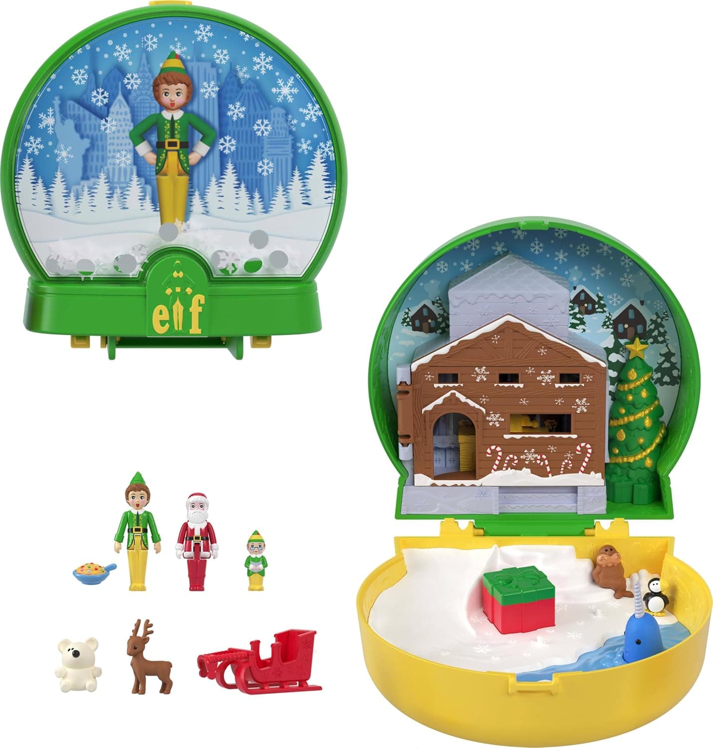 Polly Pocket x Elf Christmas Cooperation, Mini Dolls Playset with 6 Accessories, Buddy, Santa & Dad Elf, JGT05