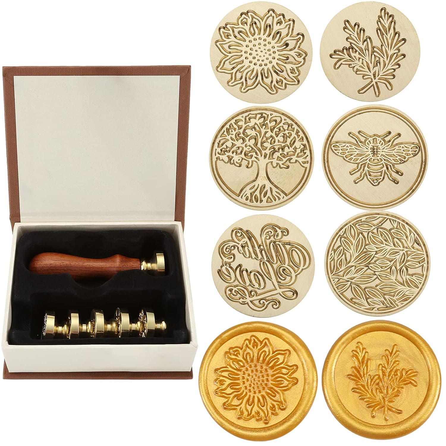 Yoption 6 Pcs Wax Seal Stamp Set, Botanical Floral Sealing Stamp Kit | Wooden Handle with Brass Head for Wedding Invitation, Envelope Seals, Gift Wrap, Christmas Card