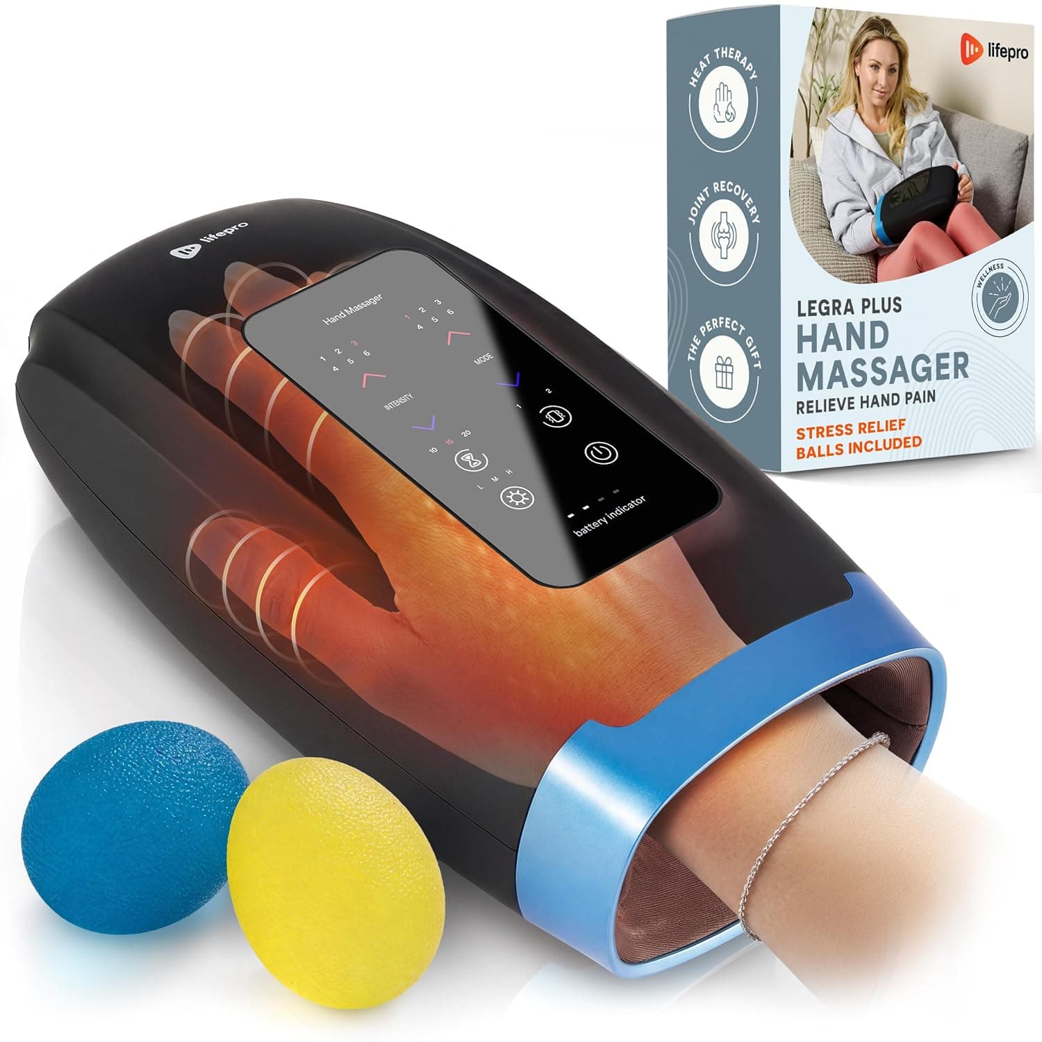 LifePro Legra Plus Hand Massager with Heat and Compression - Finger, Wrist, and Palm Massager with 5 Modes - Pressure Point Therapy for Sensitive Hands, Relaxation, and Comfort | Multi Massage Modes, Adjustable Intensity, Quiet Operation — Hand & Wrist Massager for Sore, Stiff, and Sensitive Hands