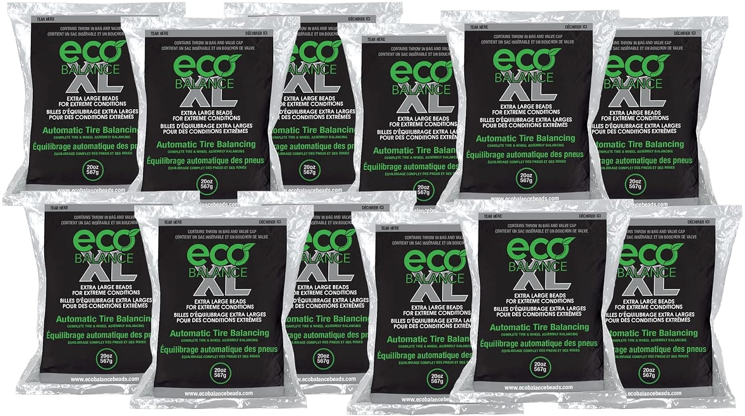 20-ECOXL12 ECO XL Extreme Condition Tire/Wheel Balancing Beads - Off-Road Vehicles, Light Duty Truck Tires, (12) 20oz Balance Bead Bags, (12) Valve Caps