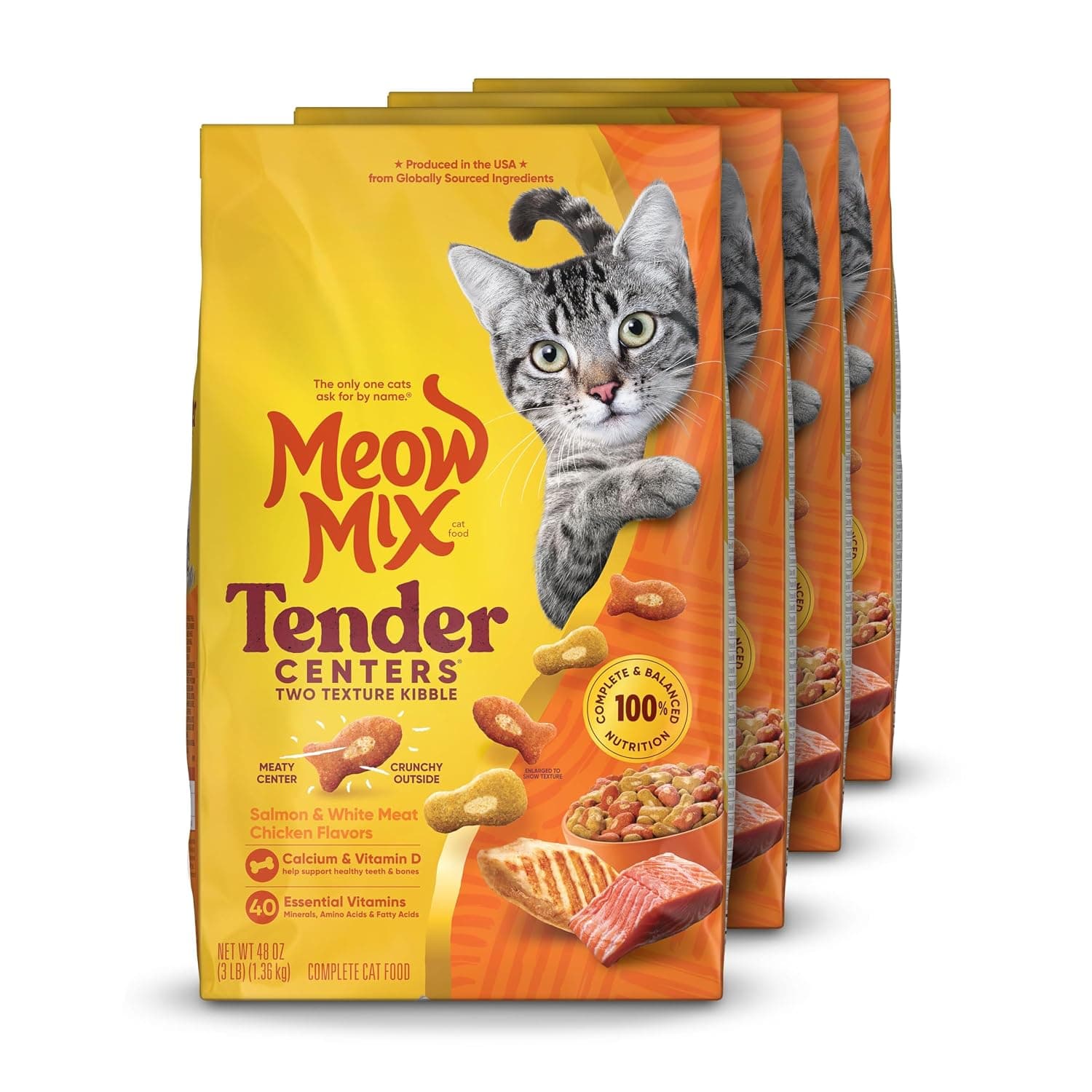 Meow Mix Tender Centers, Salmon & White Meat Chicken Flavors, 4 Bags