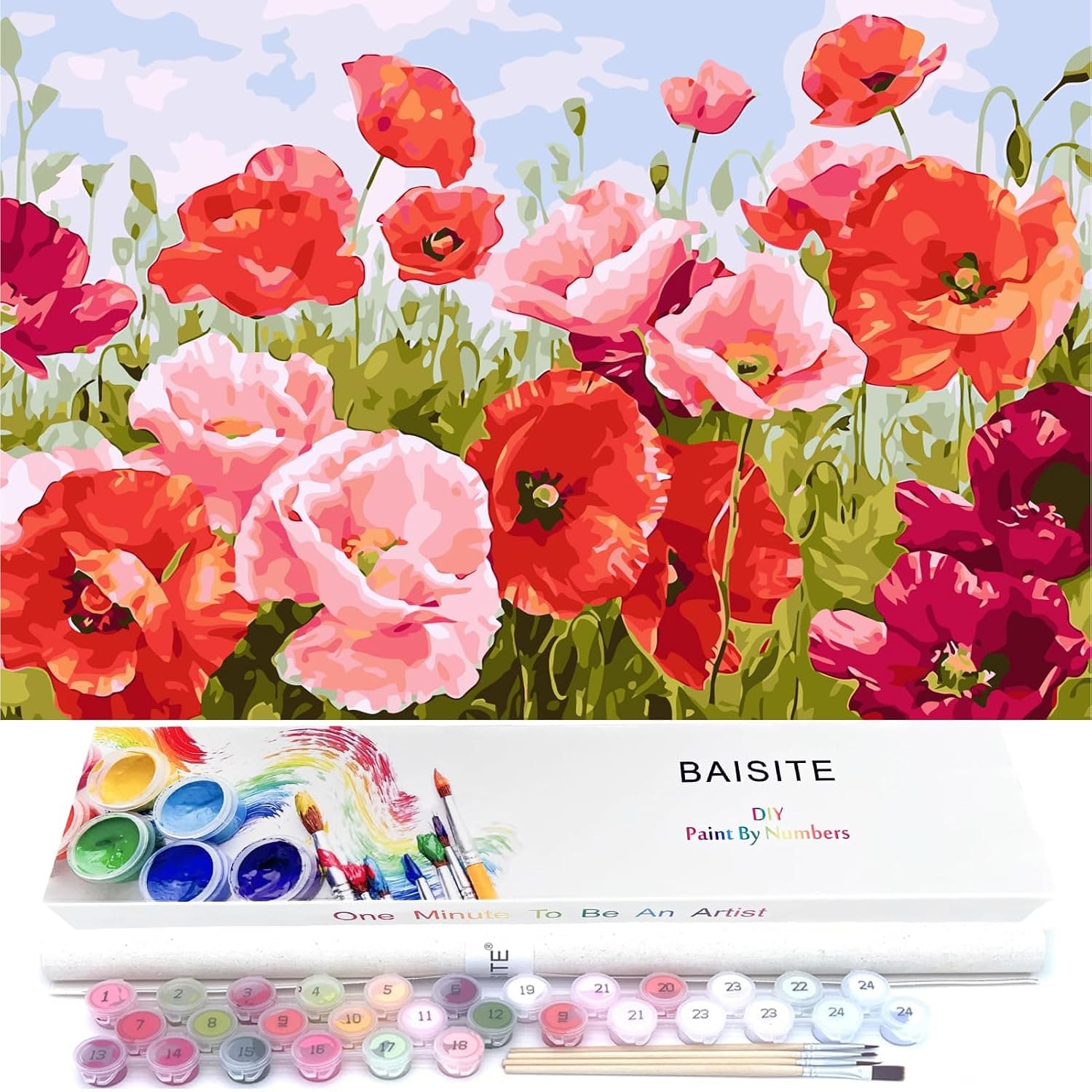 BAISITE Paint by Numbers for Adults Beginners and Kids,16" Wx20 L Canvas Pictures Drawing Paintwork with 4 Pcs Wooden Paintbrushes,Acrylic Pigment Poppy Flowers-BSC011